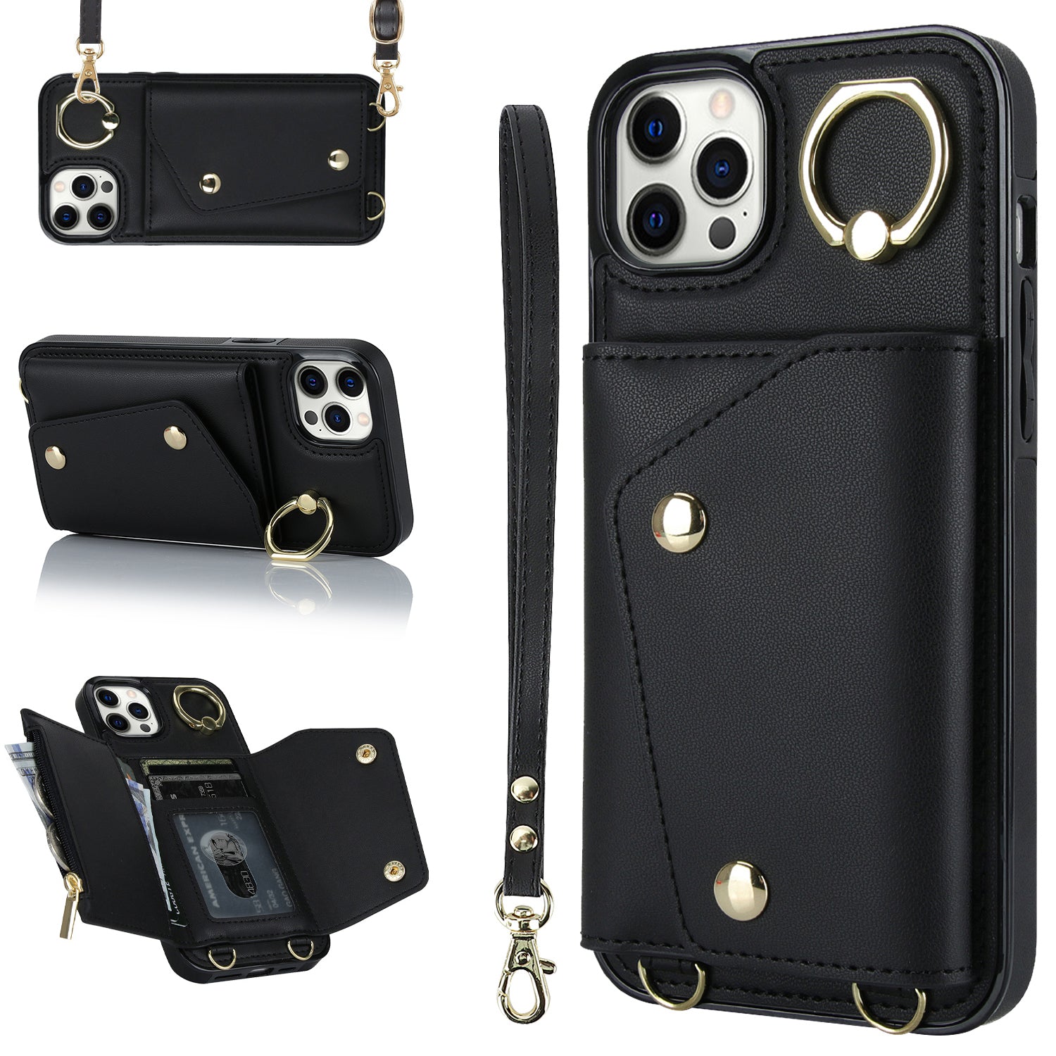 Telefontaske med lynlåspung til iPhone 12 Pro Ring Kickstand PU læderbelagt TPU bagcover