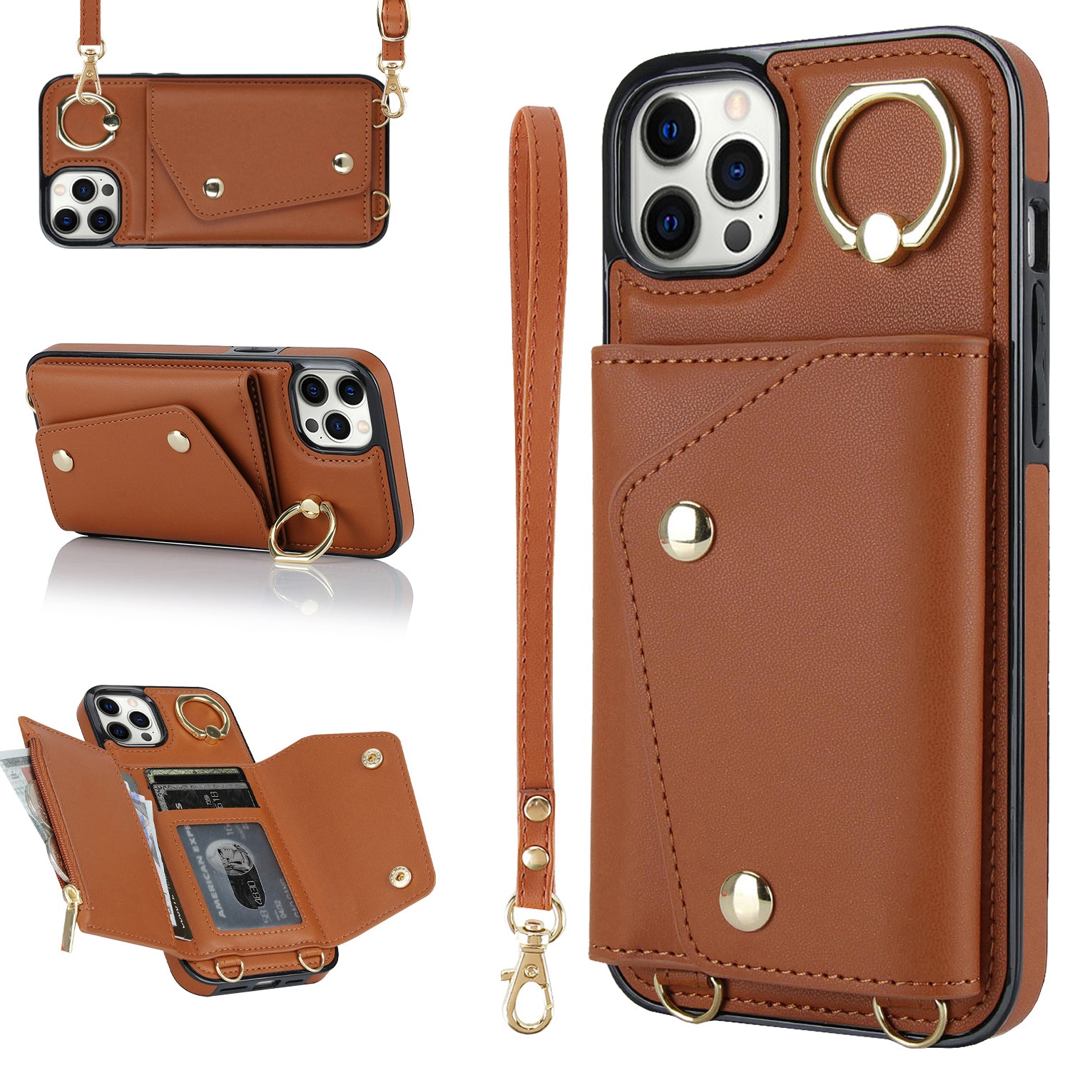 Telefontaske med lynlåspung til iPhone 12 Pro Ring Kickstand PU læderbelagt TPU bagcover
