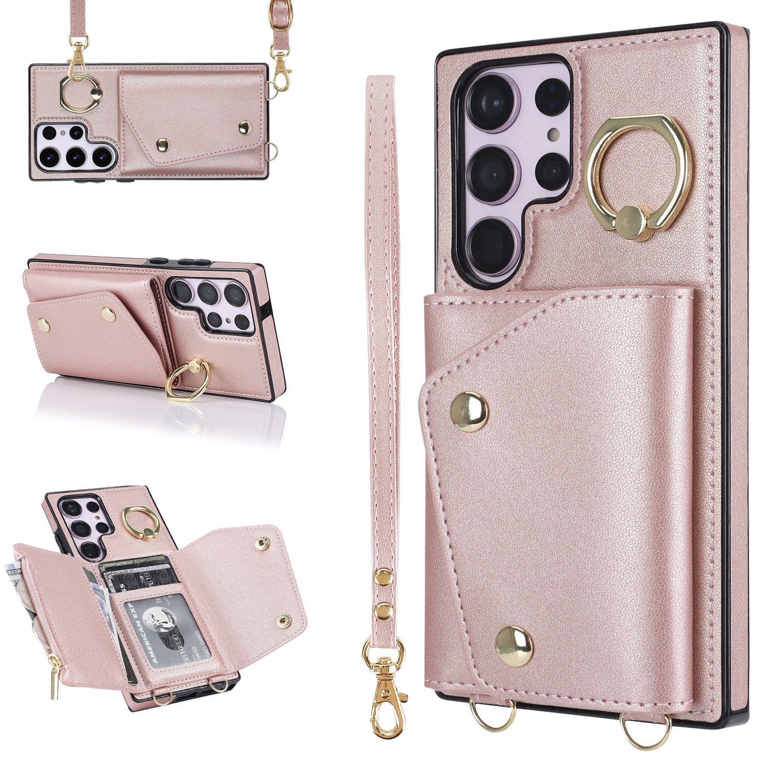 For Samsung Galaxy S23 Ultra Ring Kickstand Zipper Wallet Case PU Leather TPU Phone Cover