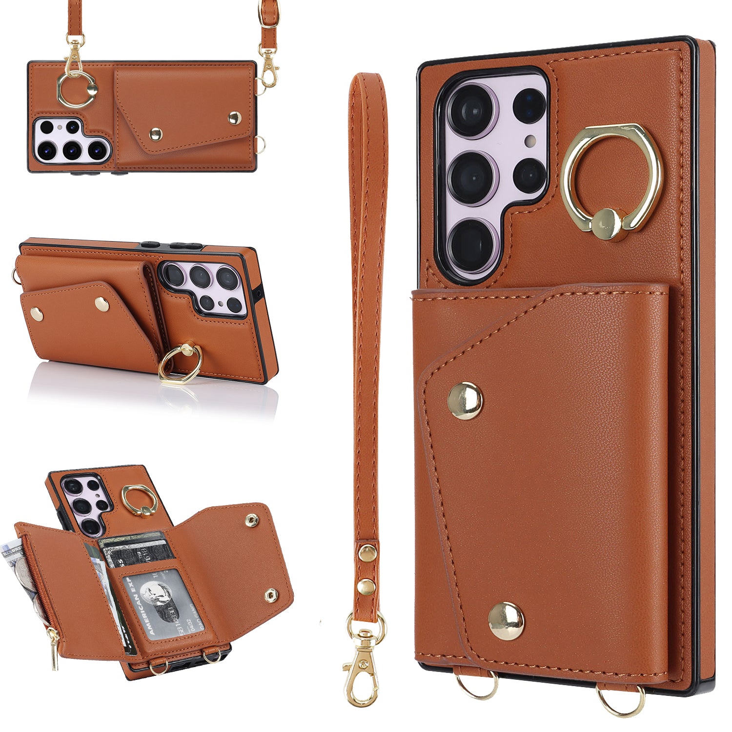 For Samsung Galaxy S23 Ultra Ring Kickstand Zipper Wallet Case PU Leather TPU Phone Cover
