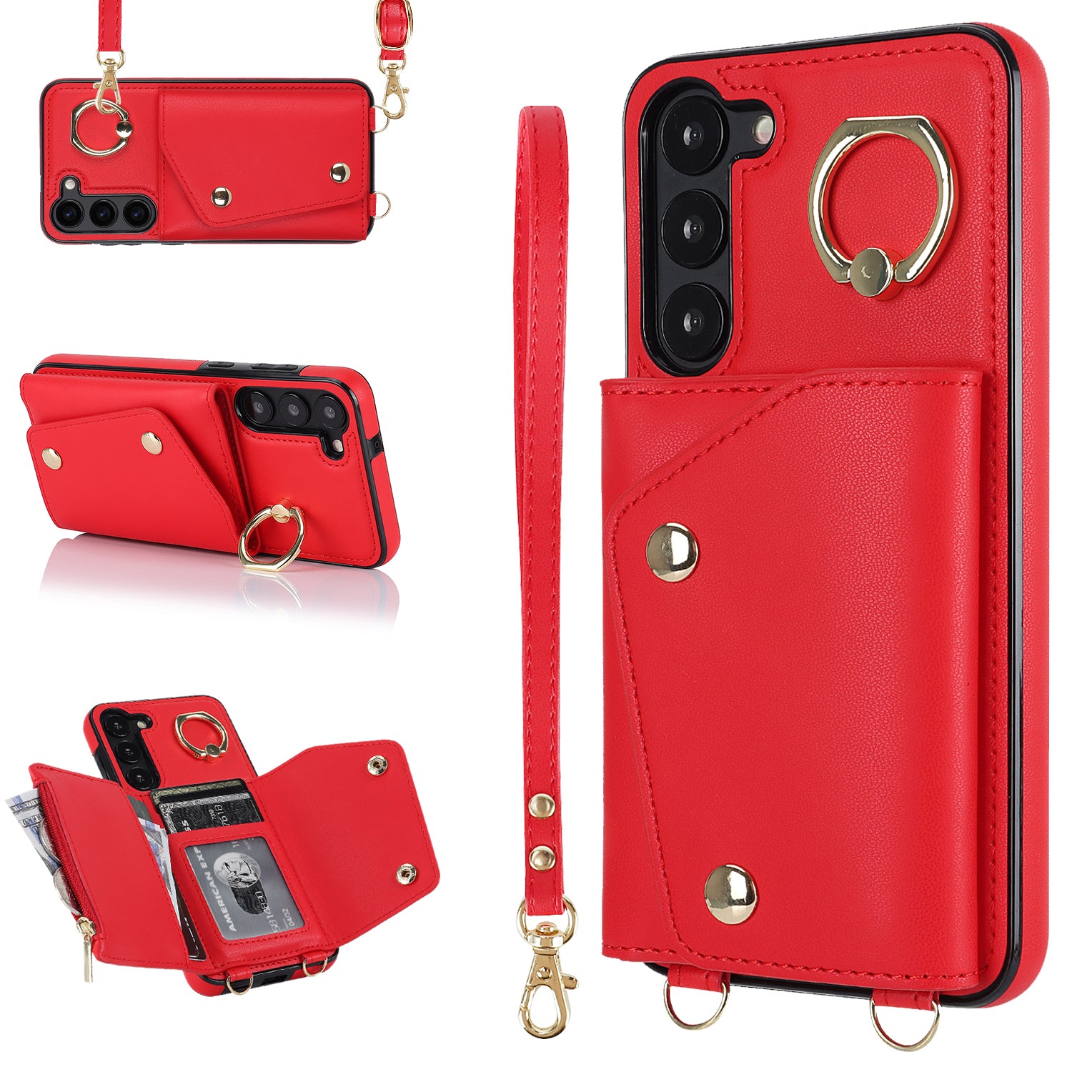 Crossbody Phone Case for Samsung Galaxy S23 Kickstand Zipper Wallet PU Leather Coated TPU Cover