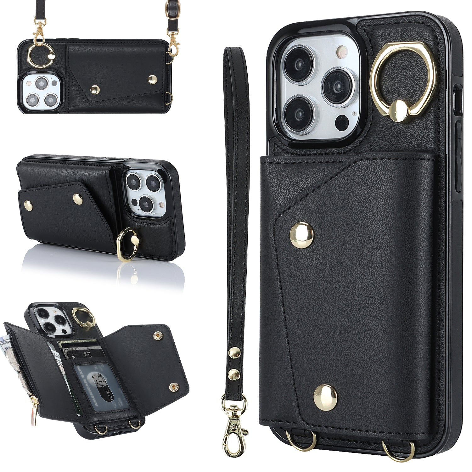 For iPhone 13 Pro Max Zipper Wallet Case Ring Kickstand PU Leather TPU Phone Cover