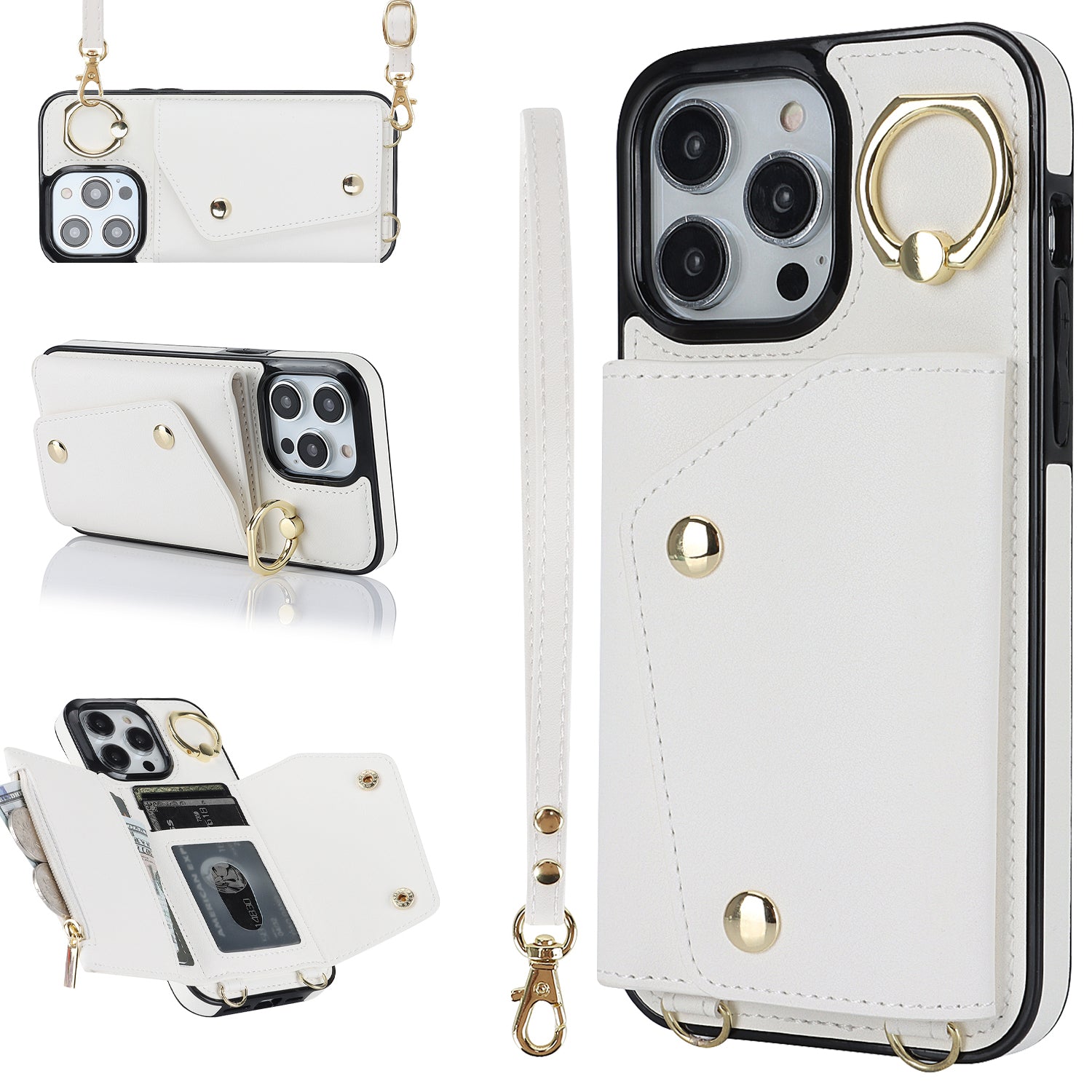 For iPhone 13 Pro Max Zipper Wallet Case Ring Kickstand PU Leather TPU Phone Cover