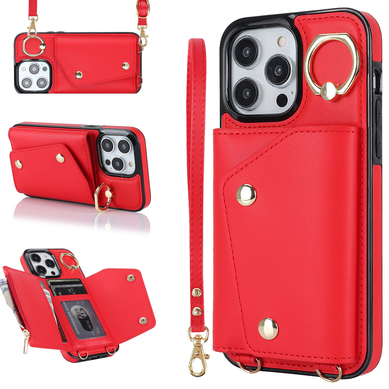 For iPhone 13 Pro Max Zipper Wallet Case Ring Kickstand PU Leather TPU Phone Cover
