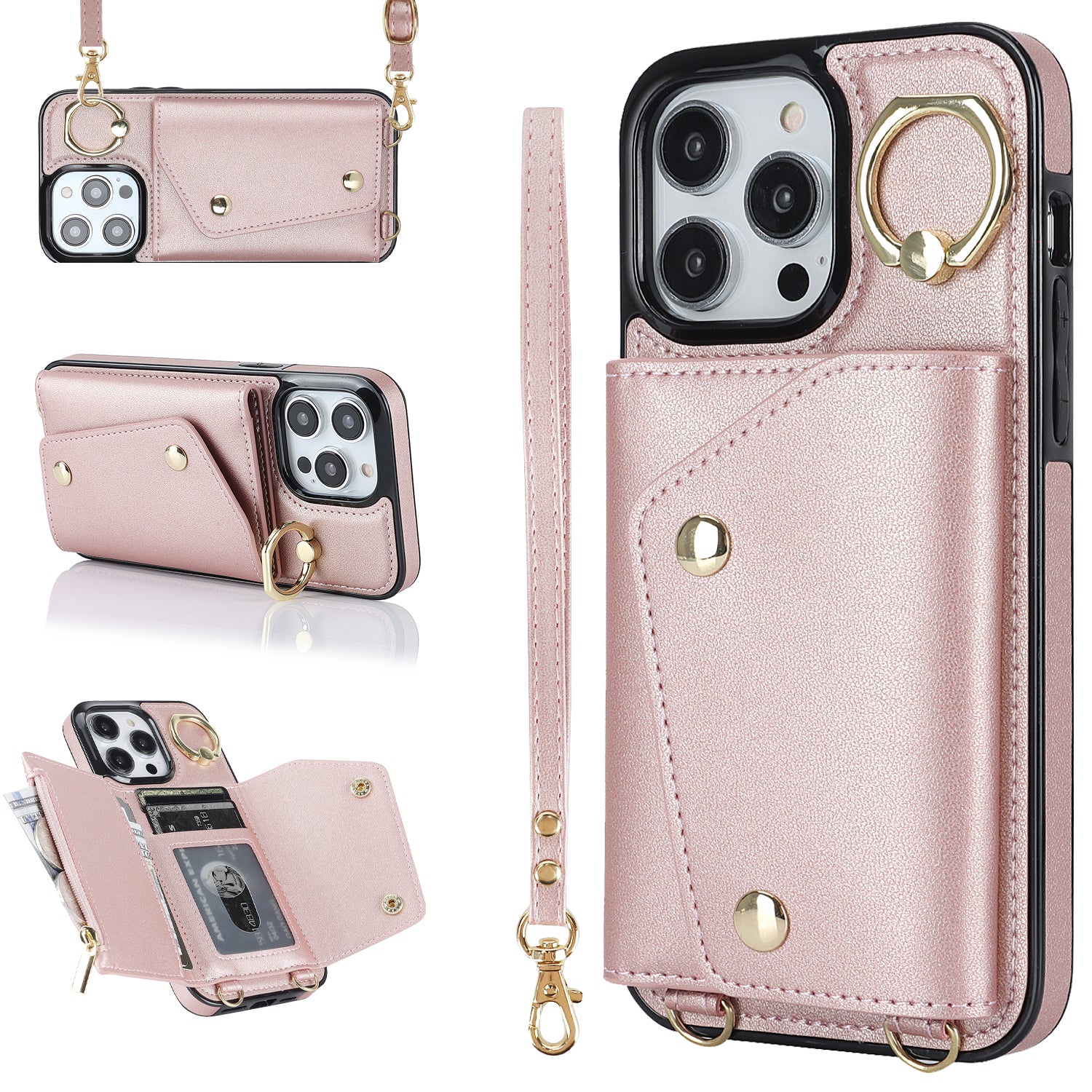 For iPhone 13 Pro Max Zipper Wallet Case Ring Kickstand PU Leather TPU Phone Cover