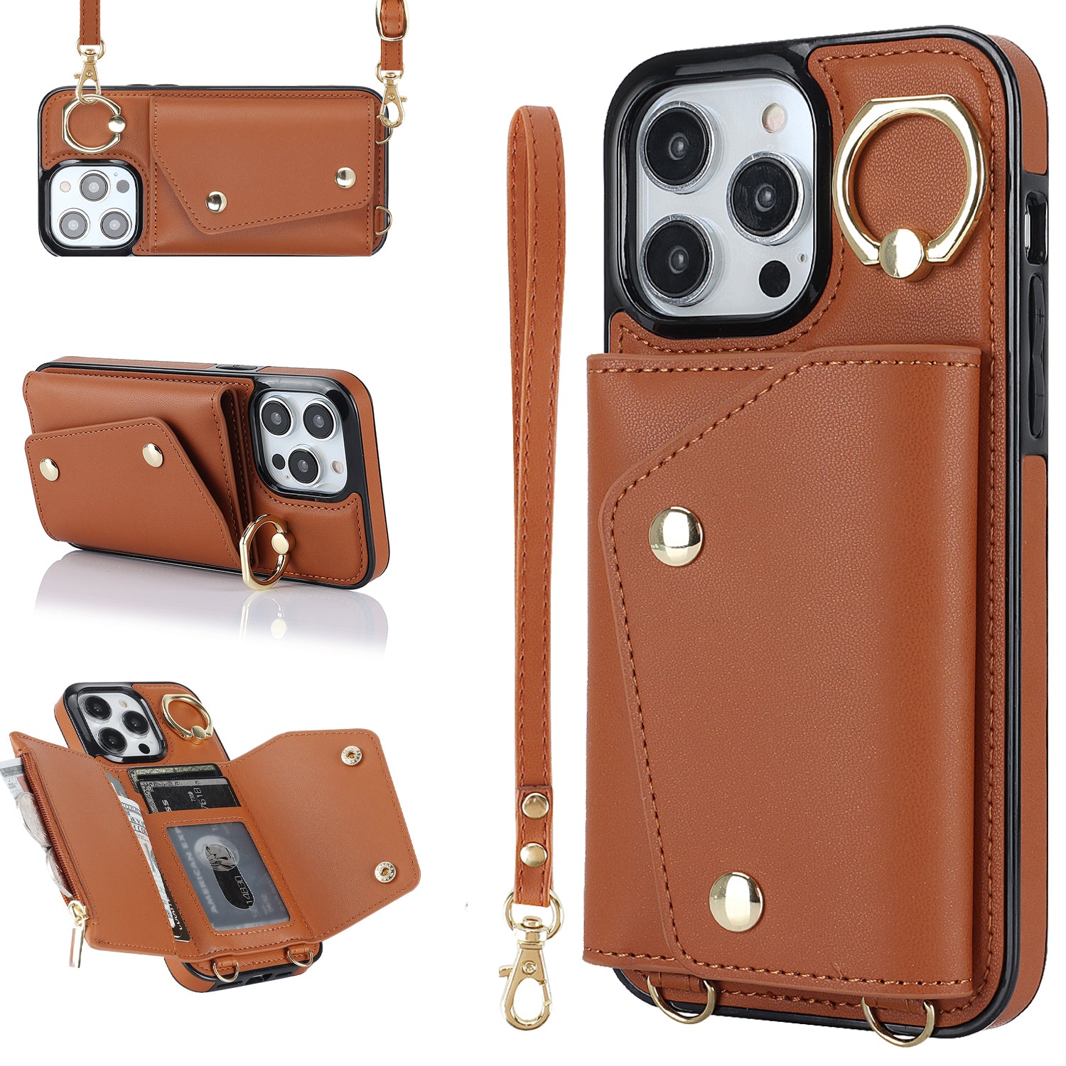 For iPhone 13 Pro Max Zipper Wallet Case Ring Kickstand PU Leather TPU Phone Cover