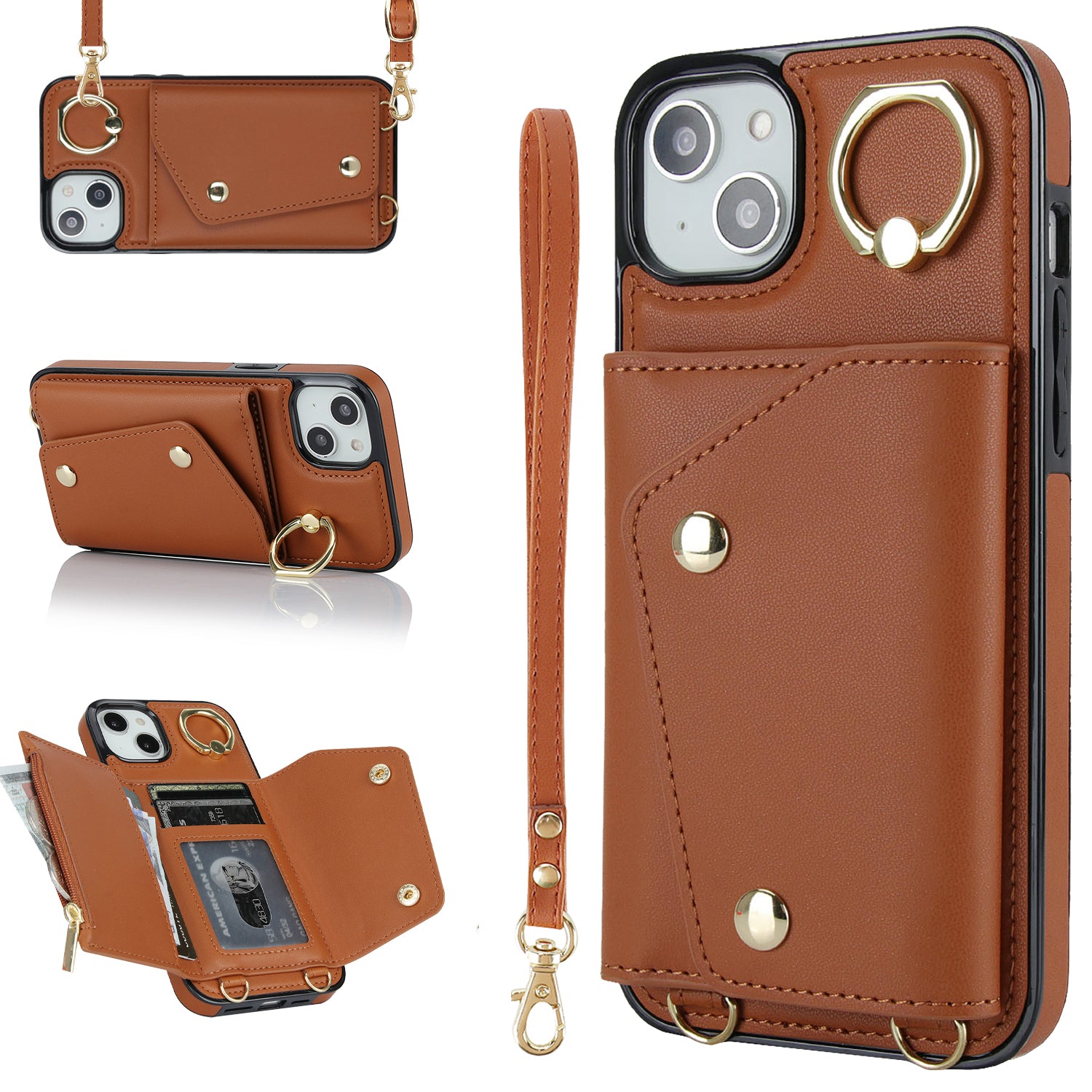 Zipper Wallet Leather Coated TPU Phone Case for iPhone 14 Ring Holder Kickstand Phone Cover