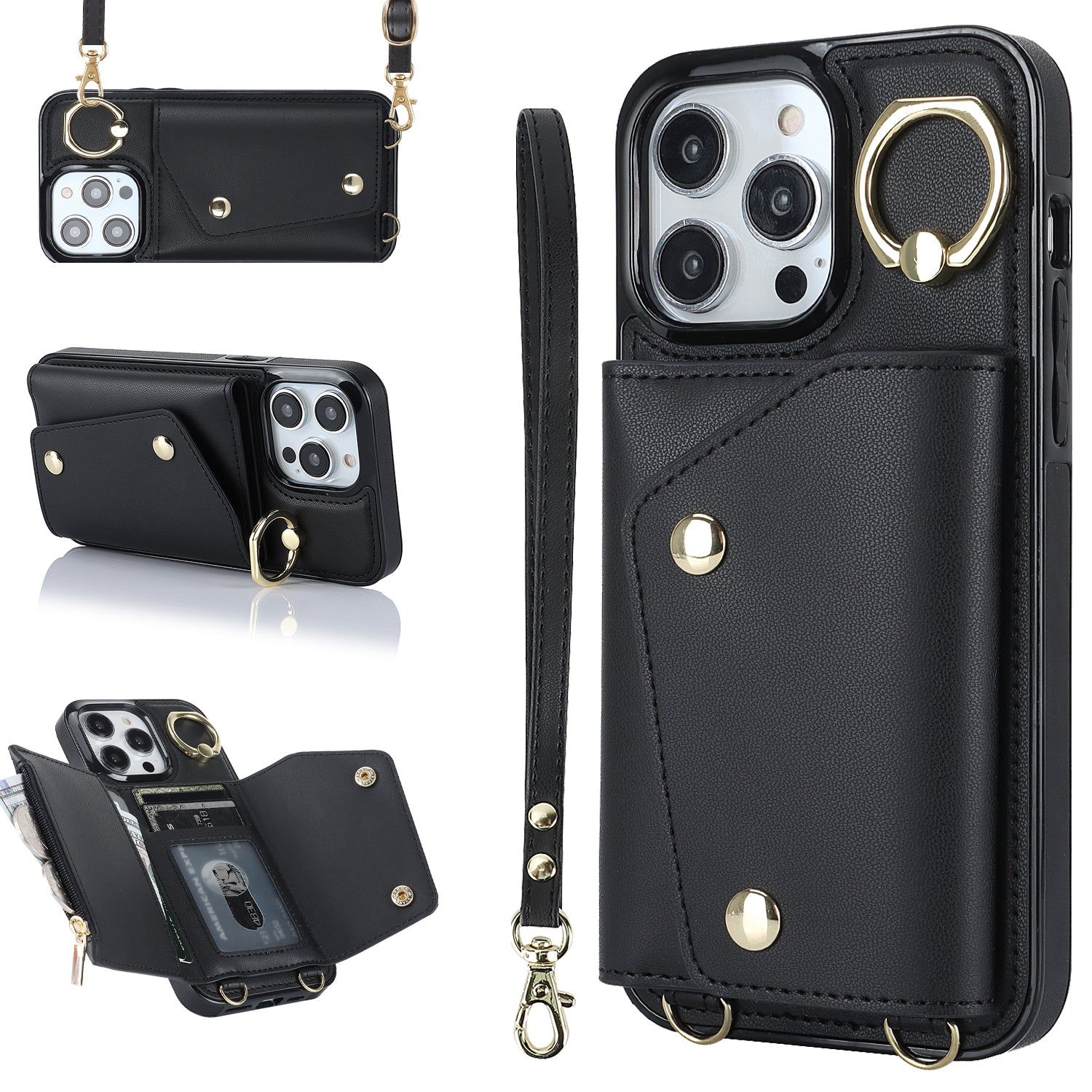 Zip Wallet Ring Kickstand Pouzdro na telefon iPhone 14 Pro PU Leather Coated TPU Crossbody Phone Cover