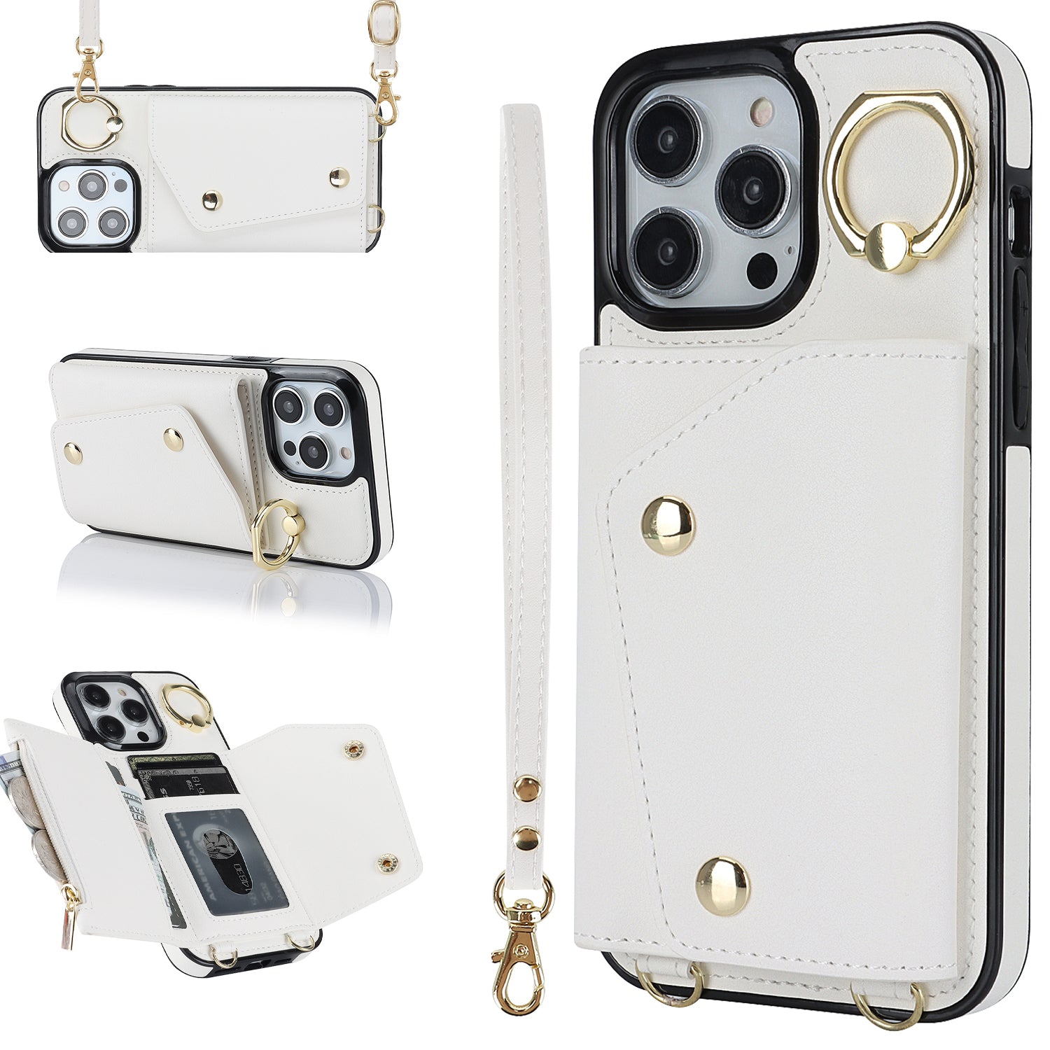 Zip Wallet Ring Kickstand Pouzdro na telefon iPhone 14 Pro PU Leather Coated TPU Crossbody Phone Cover