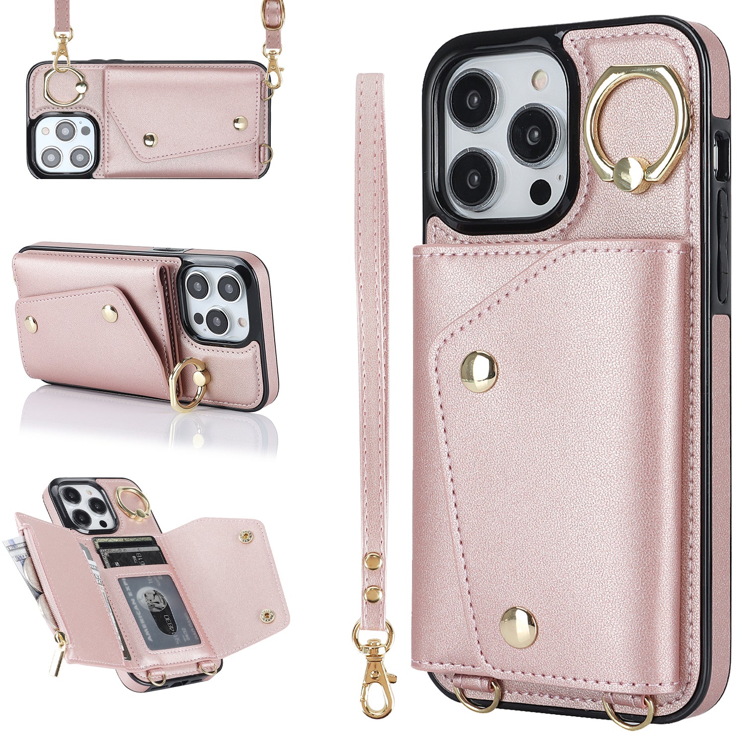 Zip Wallet Ring Kickstand Pouzdro na telefon iPhone 14 Pro PU Leather Coated TPU Crossbody Phone Cover