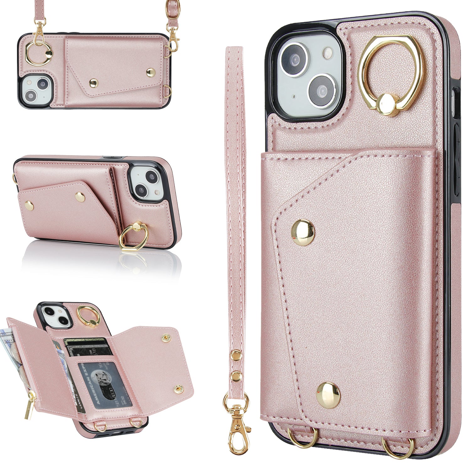 Ring Kickstand Case for iPhone 14 Plus Zipper Wallet PU Leather Coated TPU Mobile Phone Cover