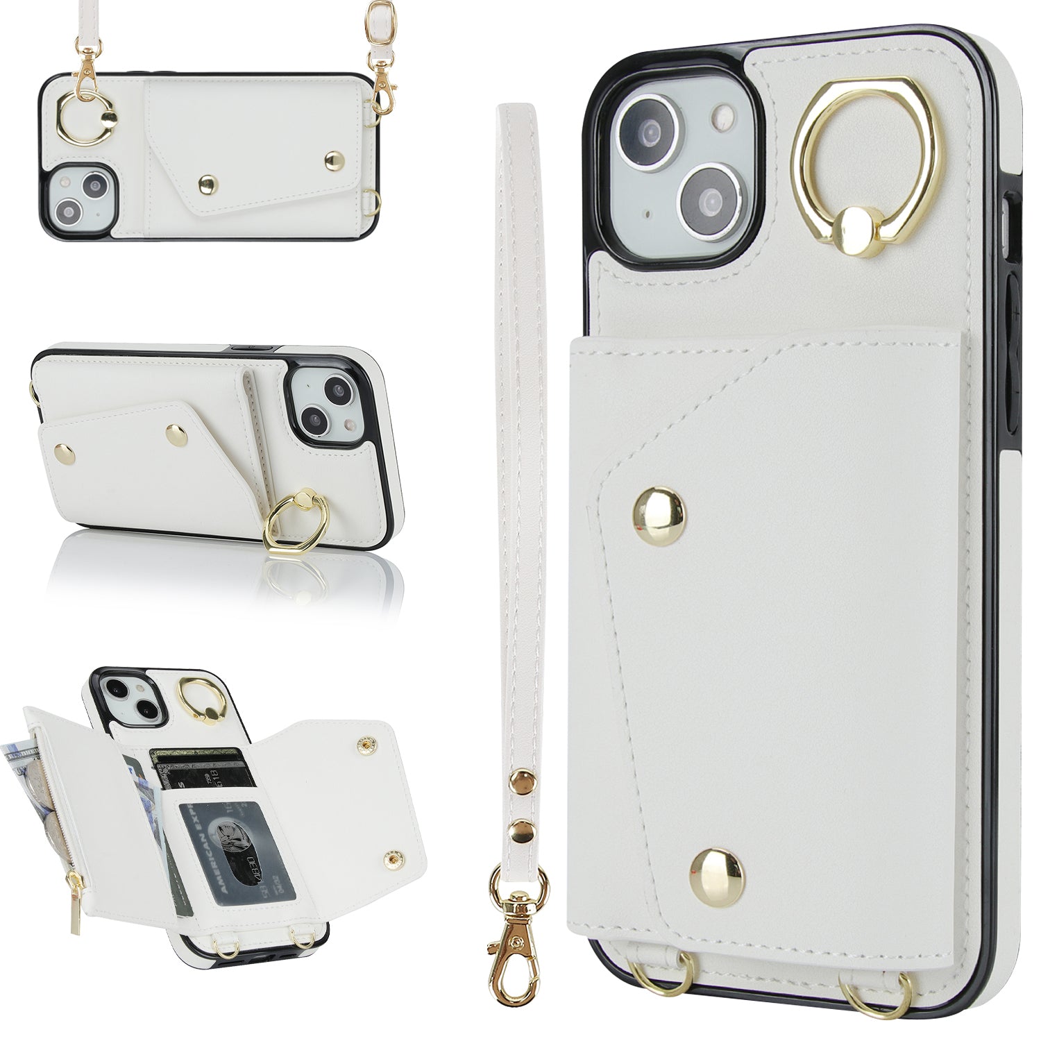 Ring Kickstand Case for iPhone 14 Plus Zipper Wallet PU Leather Coated TPU Mobile Phone Cover