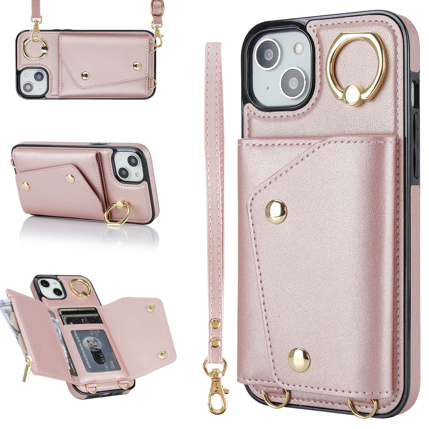 Zipper Wallet Phone Cover for iPhone 13 mini PU Leather Coated TPU Rotary Ring Kickstand Phone Case