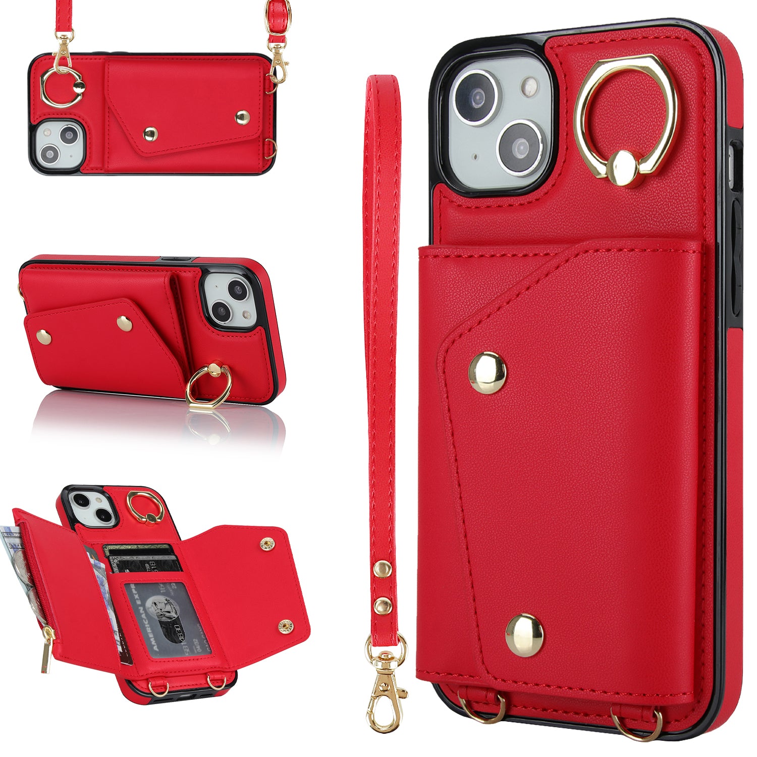 Zipper Wallet Phone Cover for iPhone 13 mini PU Leather Coated TPU Rotary Ring Kickstand Phone Case