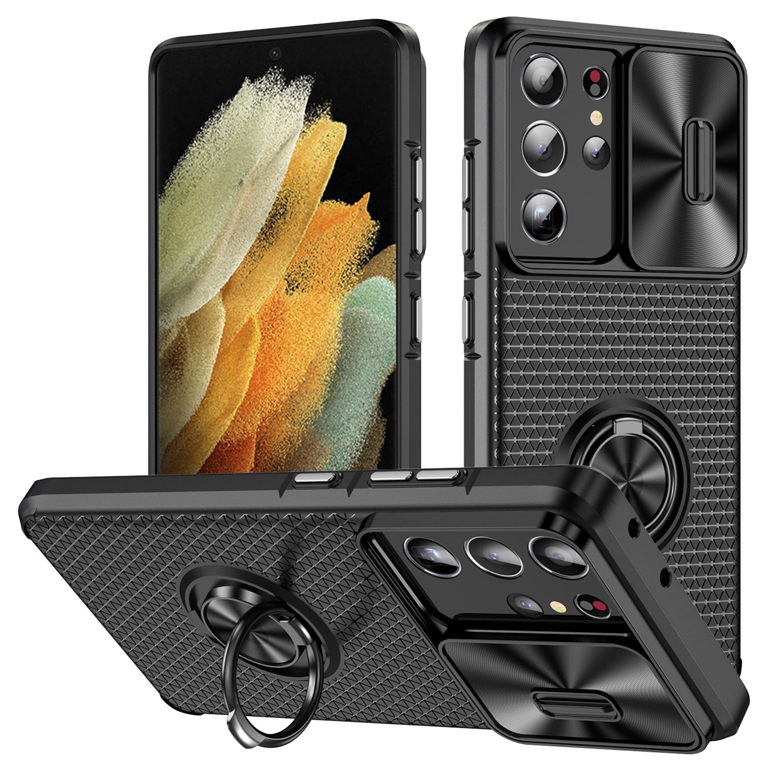 For Samsung Galaxy S21 Ultra 5G PC TPU Phone Case Ring Kickstand Cover with Slide Camera Lens Protector