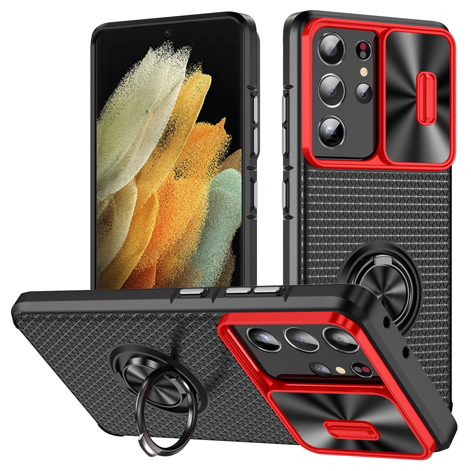 For Samsung Galaxy S21 Ultra 5G PC TPU Phone Case Ring Kickstand Cover with Slide Camera Lens Protector