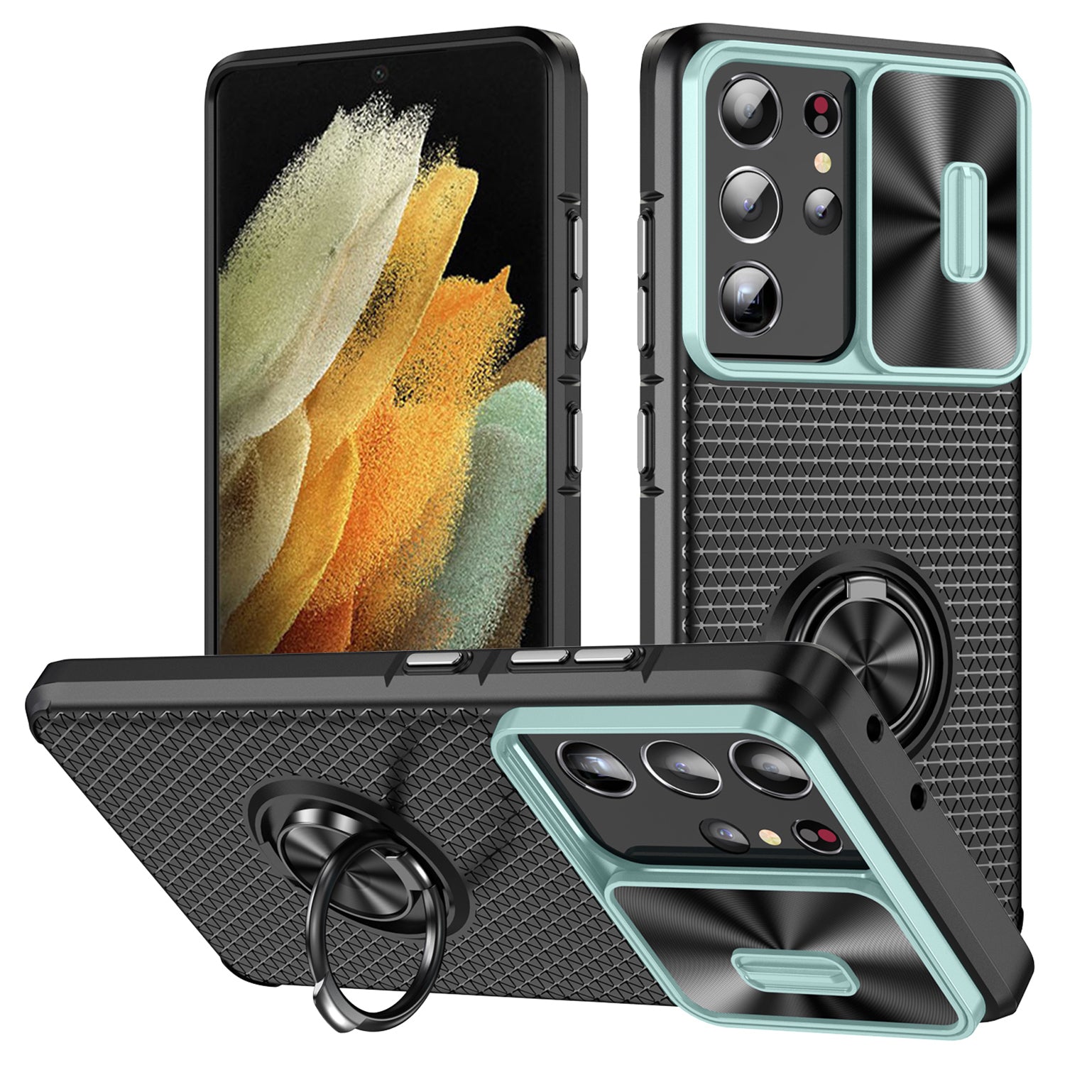 For Samsung Galaxy S21 Ultra 5G PC TPU Phone Case Ring Kickstand Cover with Slide Camera Lens Protector