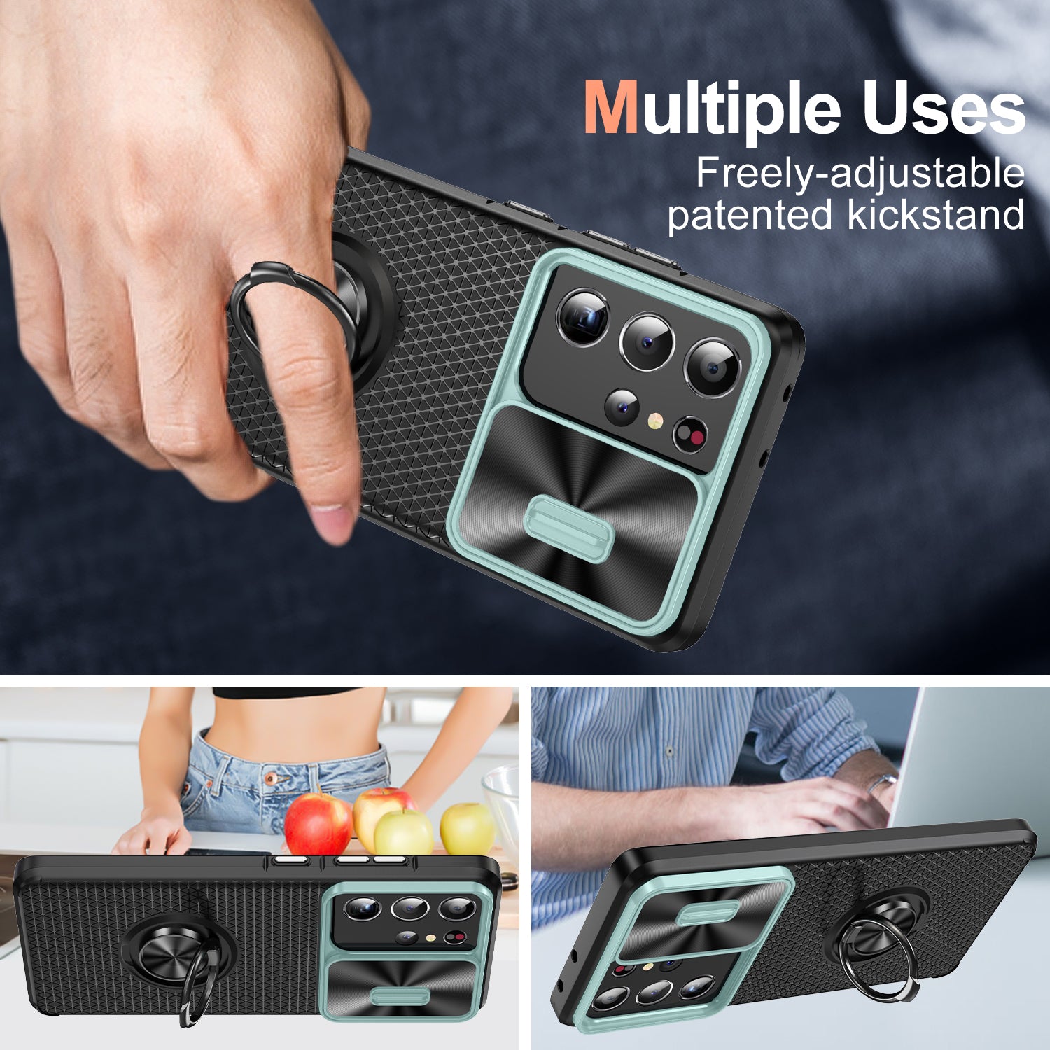 For Samsung Galaxy S21 Ultra 5G PC TPU Phone Case Ring Kickstand Cover with Slide Camera Lens Protector