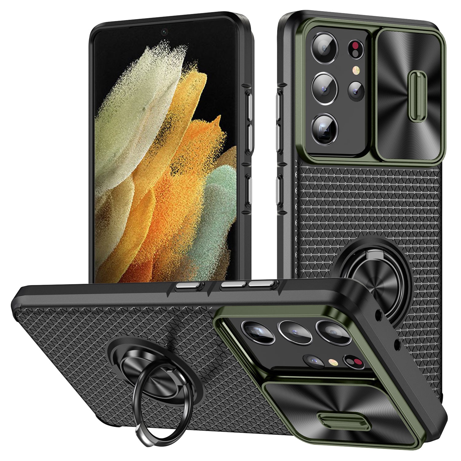 For Samsung Galaxy S21 Ultra 5G PC TPU Phone Case Ring Kickstand Cover with Slide Camera Lens Protector