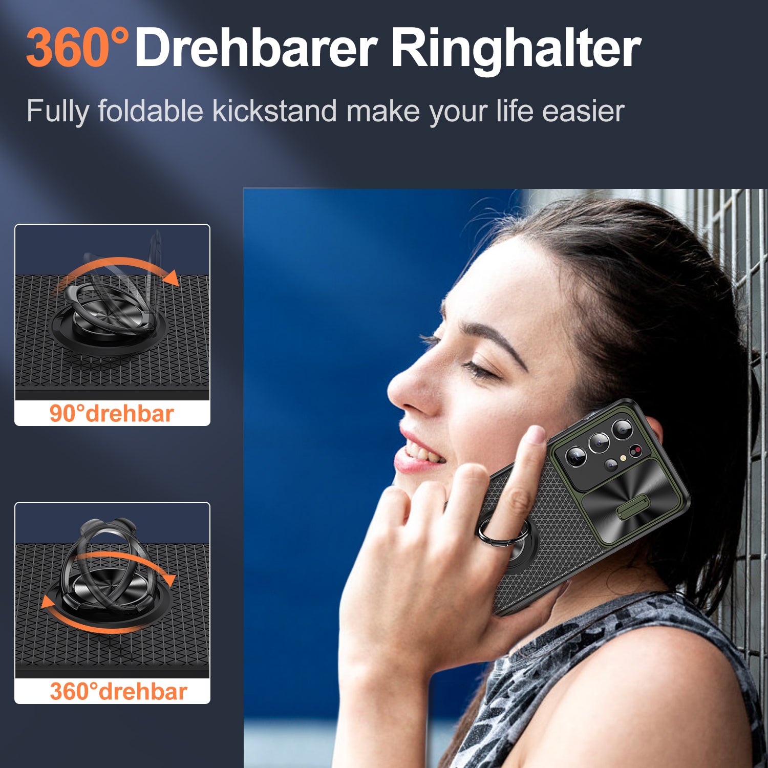 For Samsung Galaxy S21 Ultra 5G PC TPU Phone Case Ring Kickstand Cover with Slide Camera Lens Protector