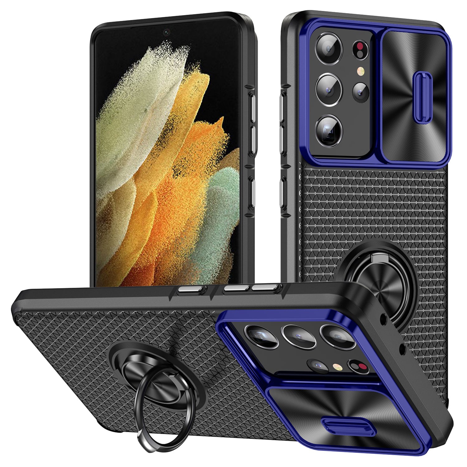 For Samsung Galaxy S21 Ultra 5G PC TPU Phone Case Ring Kickstand Cover with Slide Camera Lens Protector