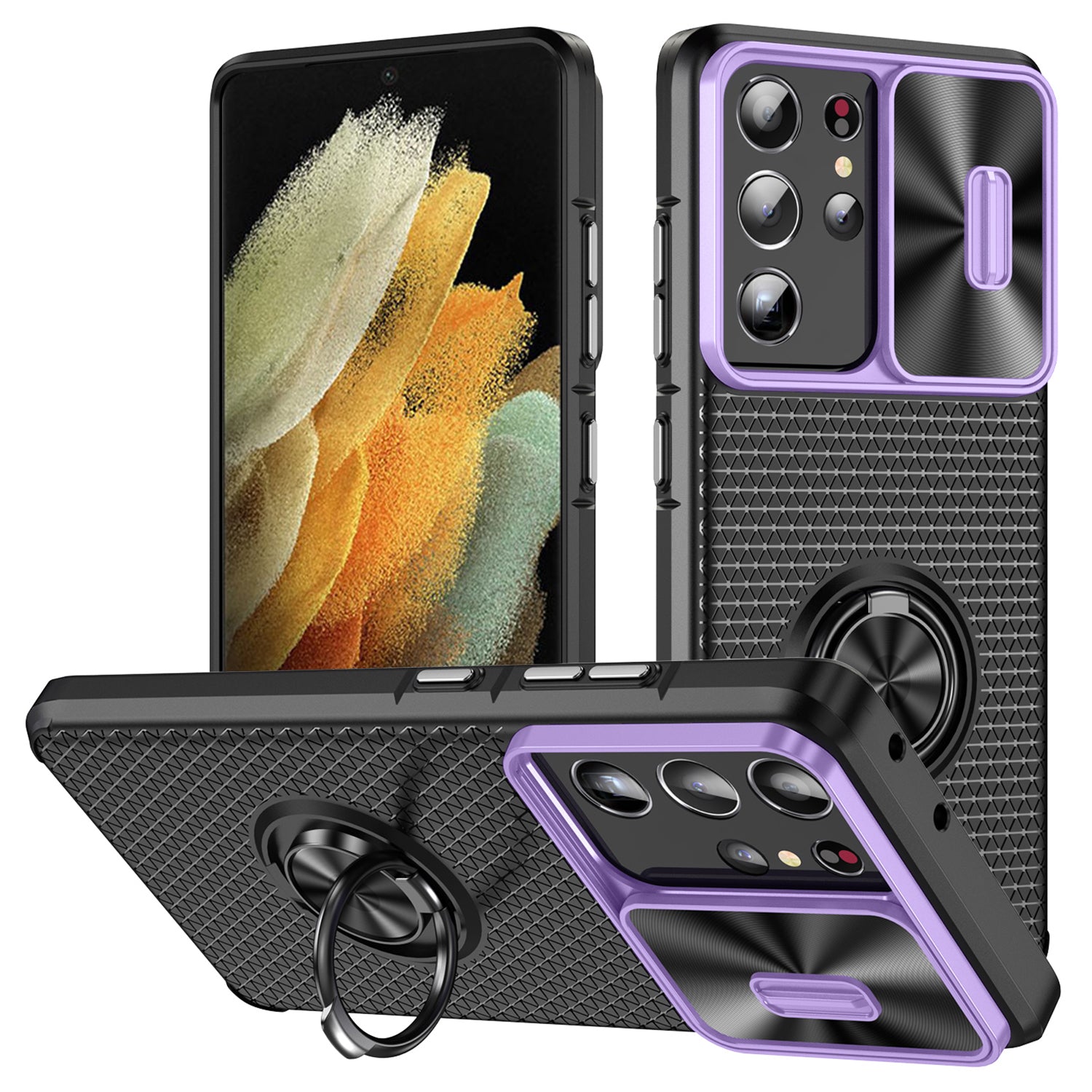For Samsung Galaxy S21 Ultra 5G PC TPU Phone Case Ring Kickstand Cover with Slide Camera Lens Protector