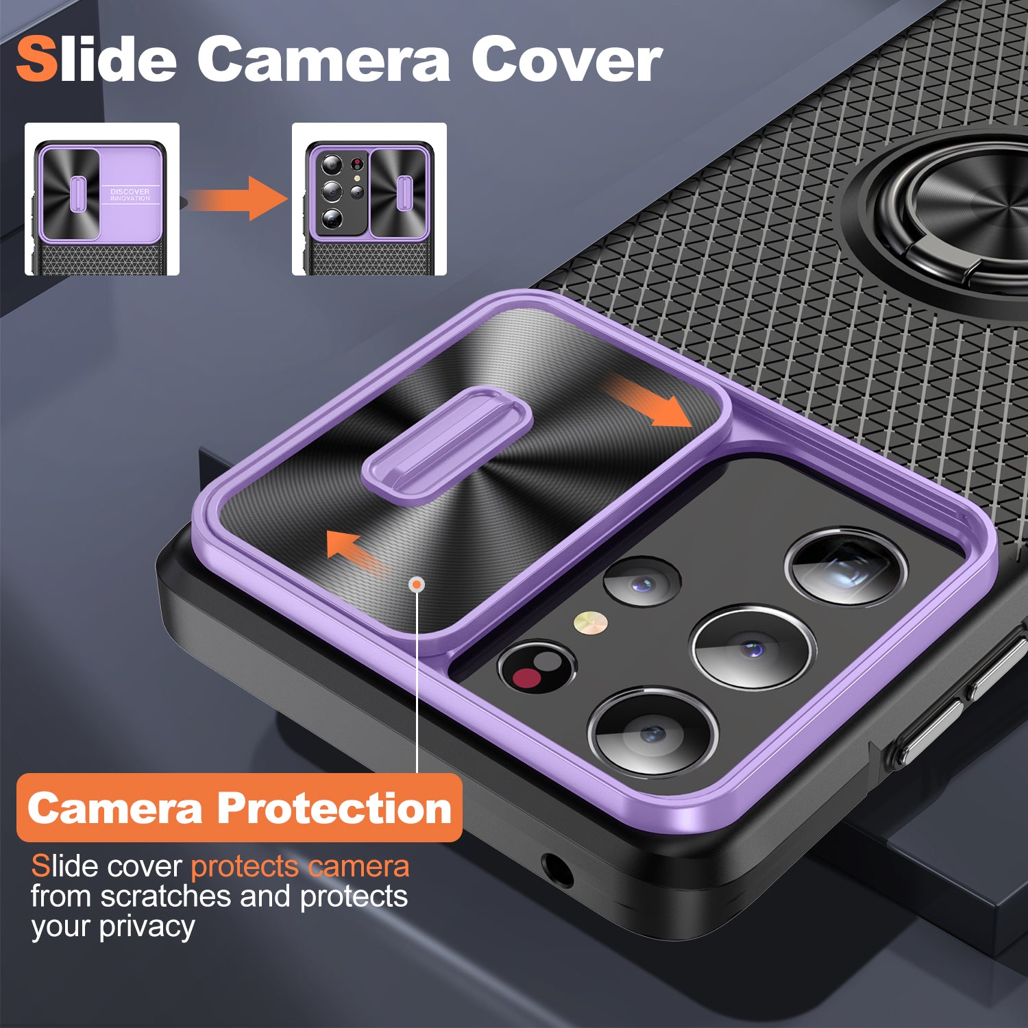 For Samsung Galaxy S21 Ultra 5G PC TPU Phone Case Ring Kickstand Cover with Slide Camera Lens Protector