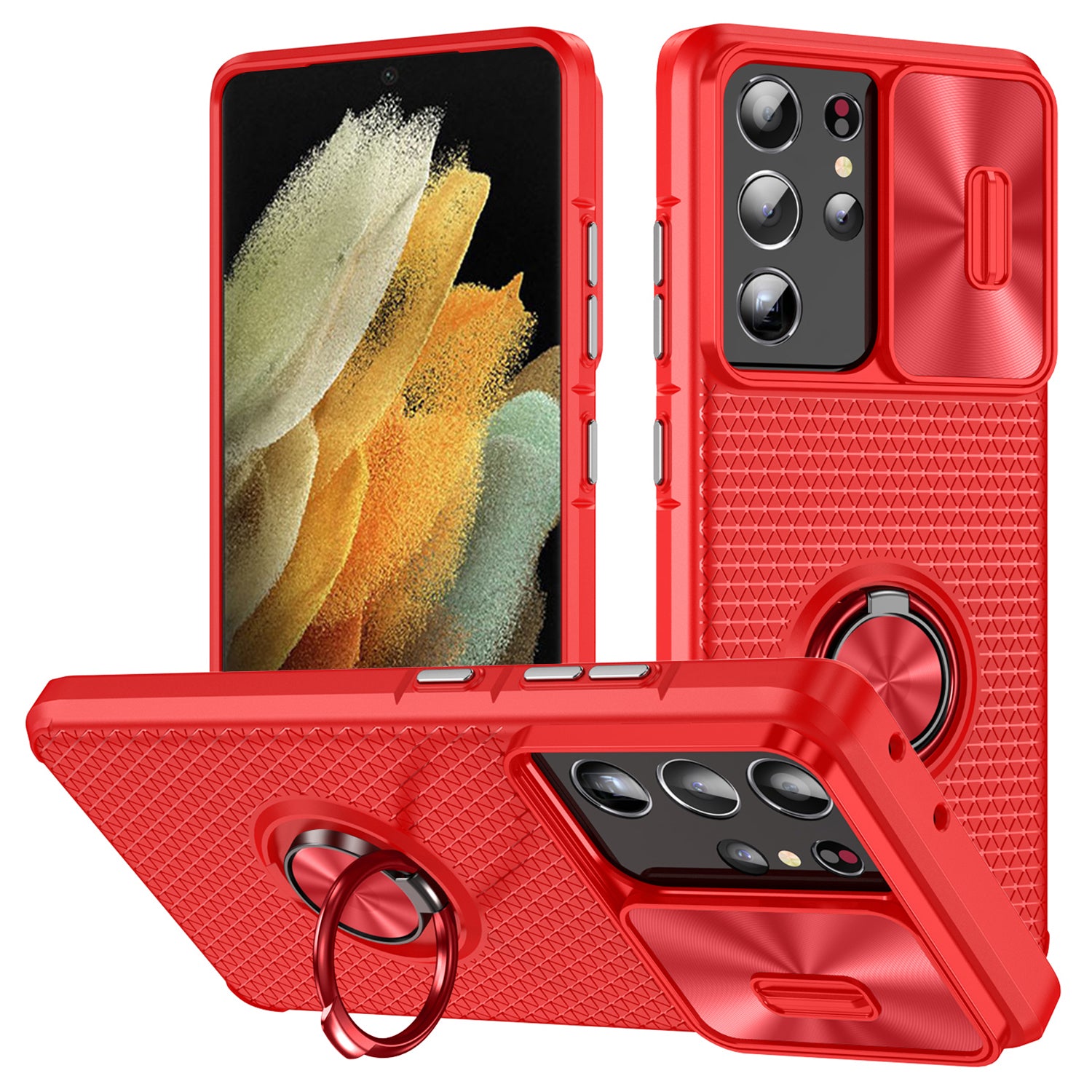 For Samsung Galaxy S21 Ultra 5G PC TPU Phone Case Ring Kickstand Cover with Slide Camera Lens Protector