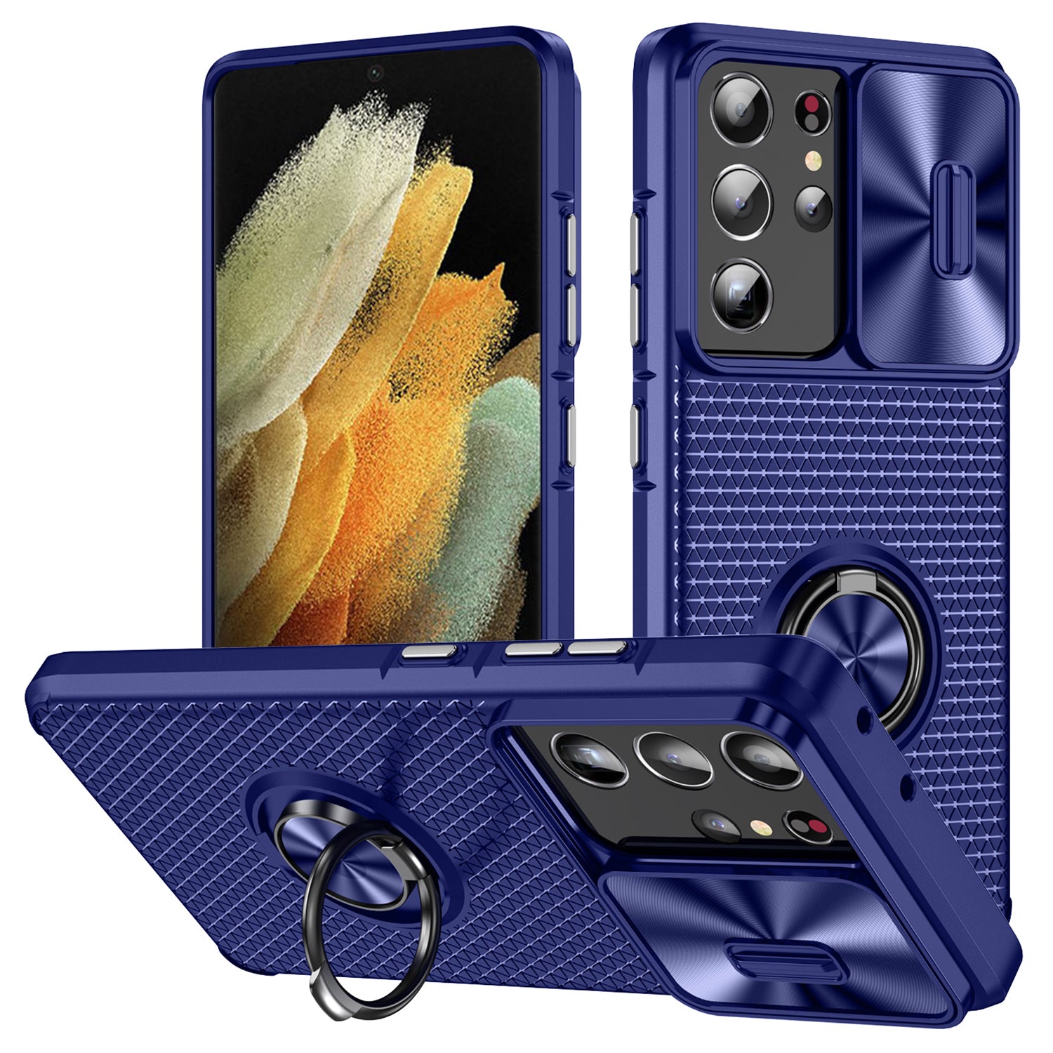 For Samsung Galaxy S21 Ultra 5G PC TPU Phone Case Ring Kickstand Cover with Slide Camera Lens Protector