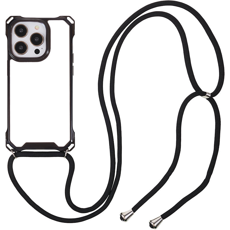 For iPhone 14 Pro Transparent Acrylic TPU Case Four Corner Anti-drop Phone Cover with Lanyard