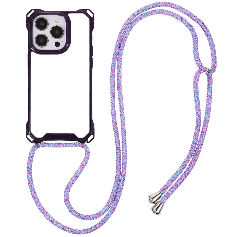 For iPhone 14 Pro Transparent Acrylic TPU Case Four Corner Anti-drop Phone Cover with Lanyard