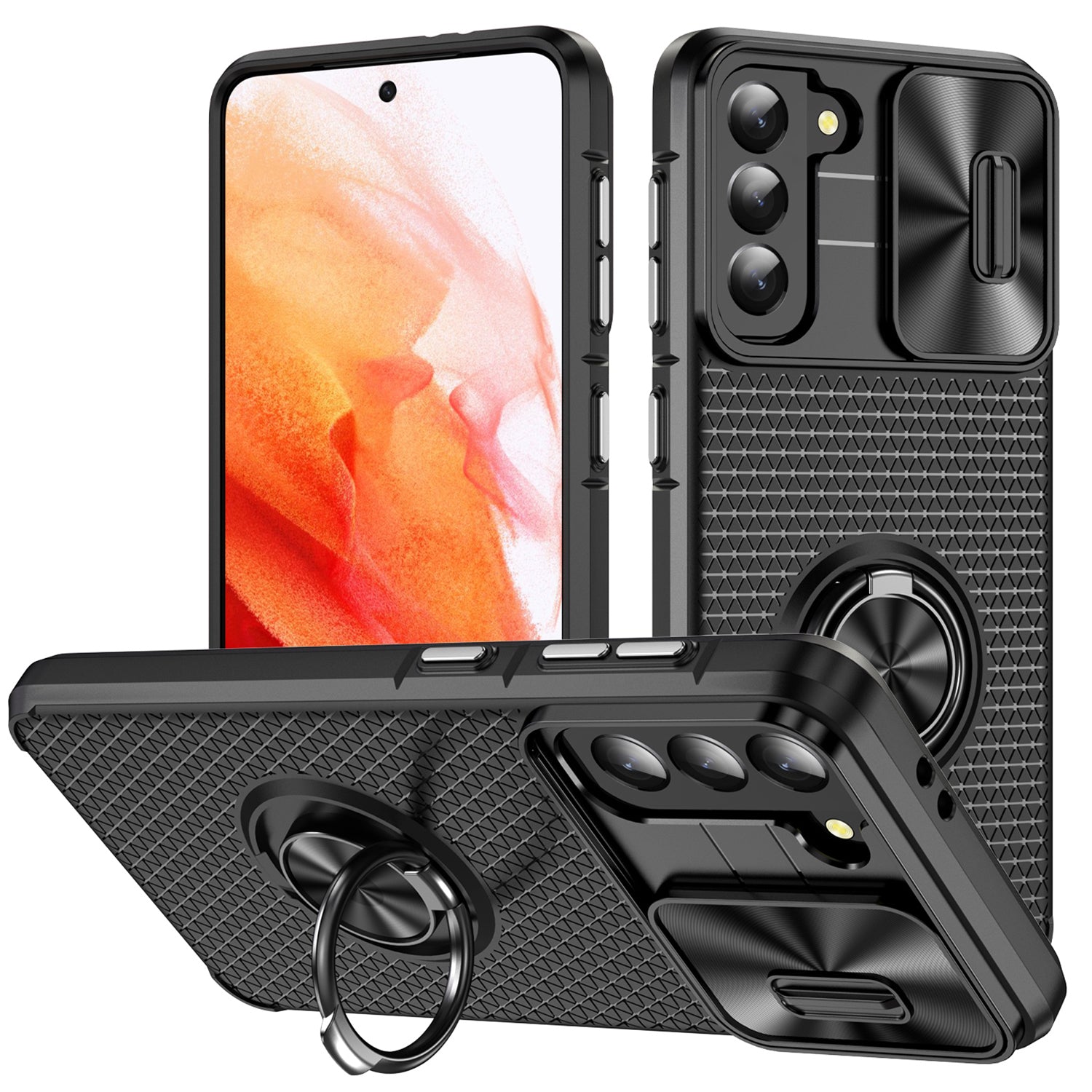 For Samsung Galaxy S21 5G Kickstand PC TPU Phone Case with Slide Camera Cover