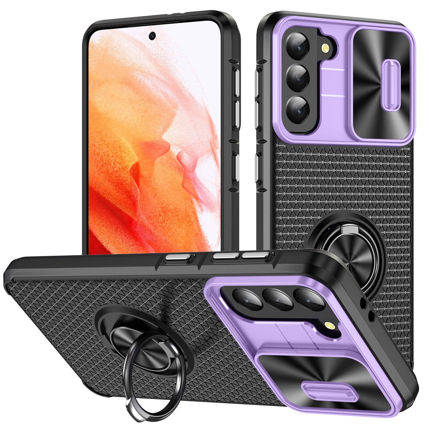 For Samsung Galaxy S21 5G Kickstand PC TPU Phone Case with Slide Camera Cover