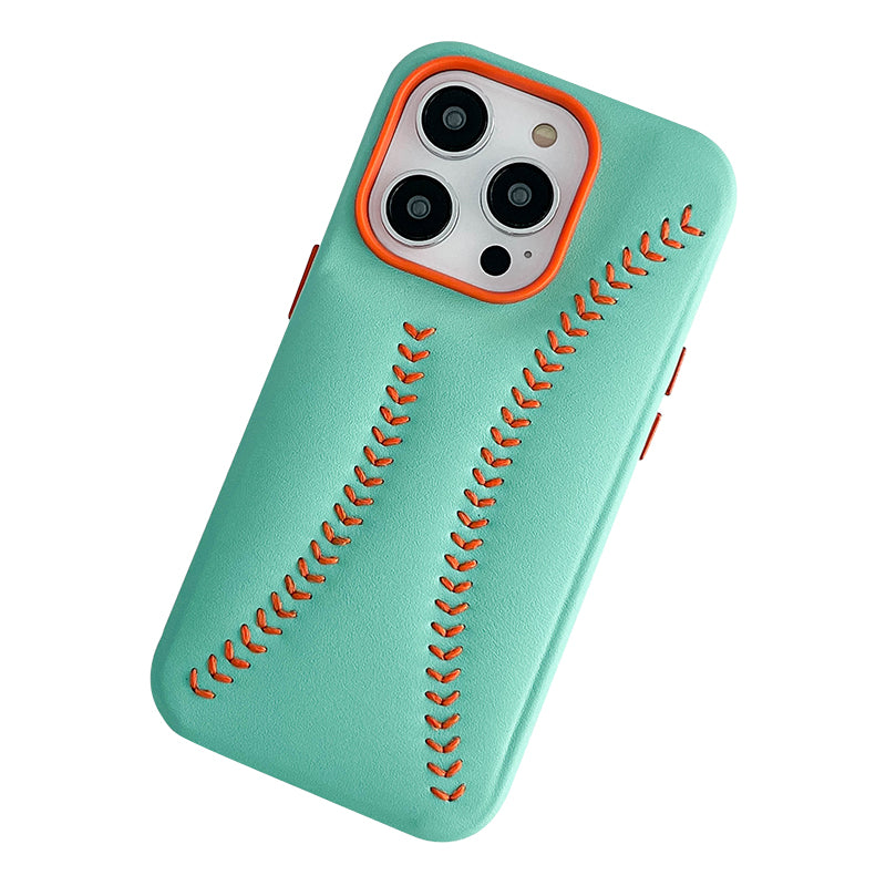 For iPhone 14 Pro Max Baseball Texture Embroidery Phone Case PU Leather Coated Hard PC Back Cover