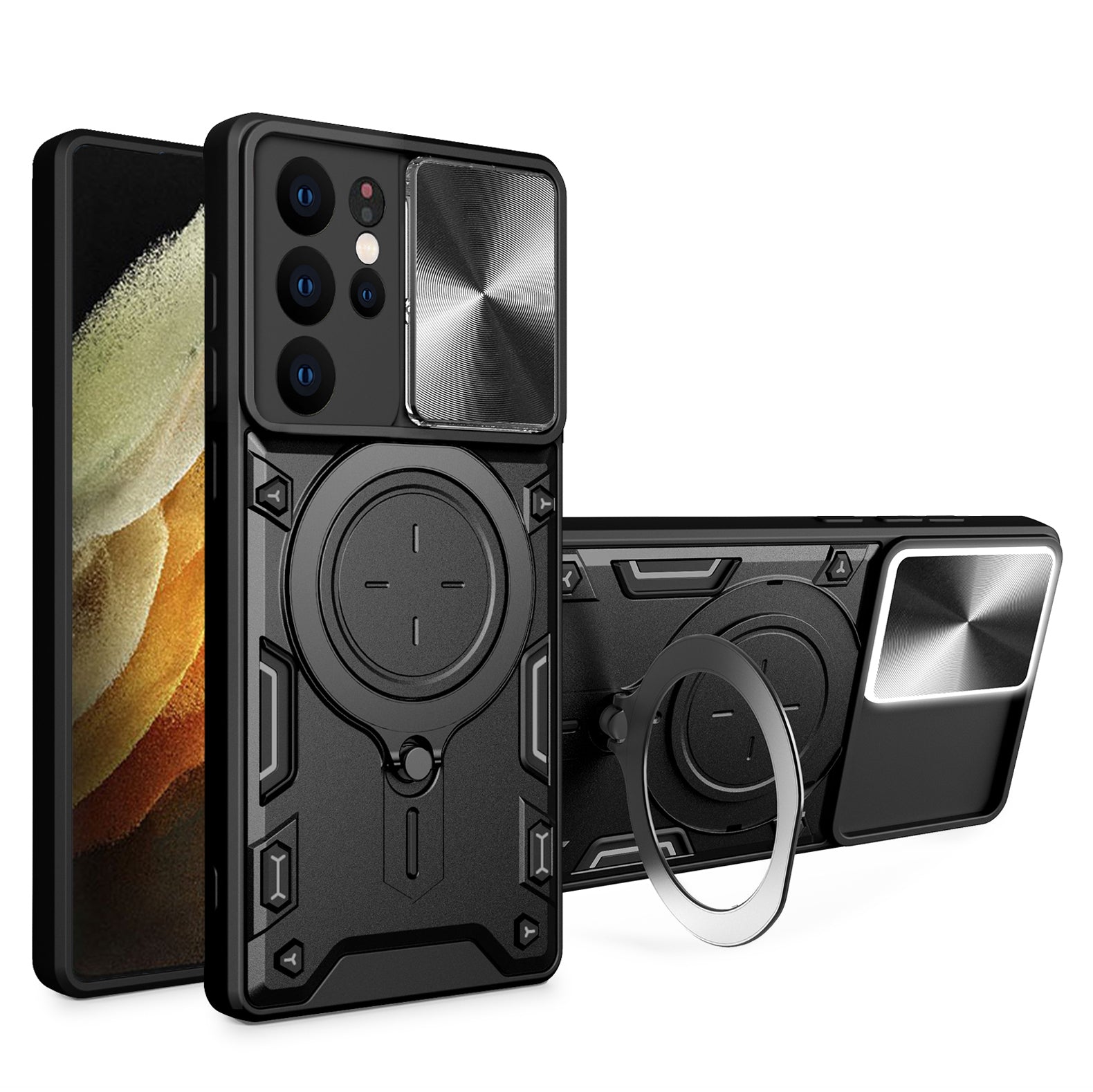 For Samsung Galaxy S21 Ultra 5G Rotatable Kickstand PC TPU Phone Case Slide Camera Lid Shockproof Cover