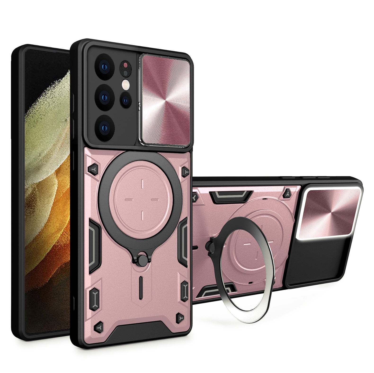 For Samsung Galaxy S21 Ultra 5G Rotatable Kickstand PC TPU Phone Case Slide Camera Lid Shockproof Cover