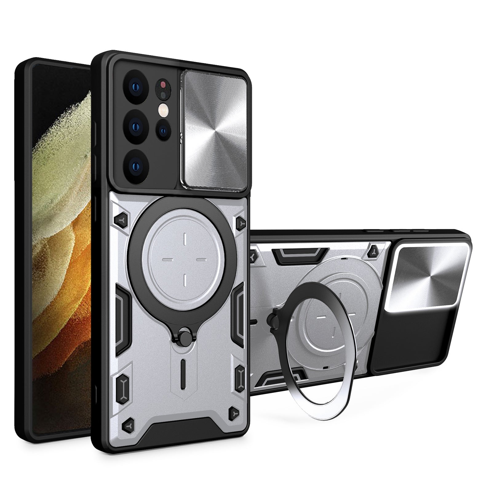 For Samsung Galaxy S21 Ultra 5G Rotatable Kickstand PC TPU Phone Case Slide Camera Lid Shockproof Cover