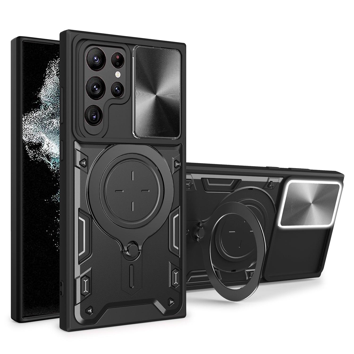 For Samsung Galaxy S22 Ultra 5G Rotatable Kickstand Phone Case Shockproof PC TPU Cover with Slide Camera Lid