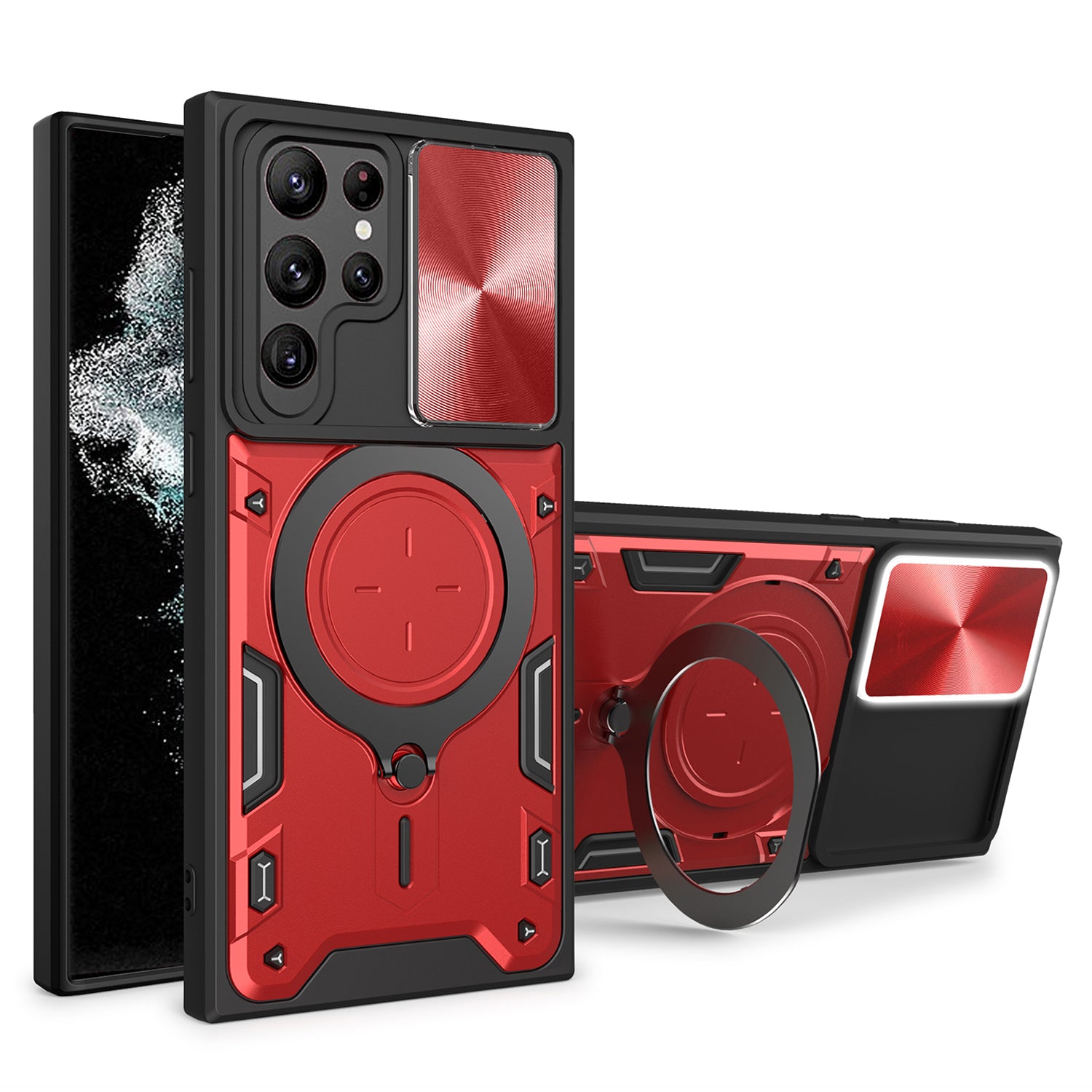 For Samsung Galaxy S22 Ultra 5G Rotatable Kickstand Phone Case Shockproof PC TPU Cover with Slide Camera Lid