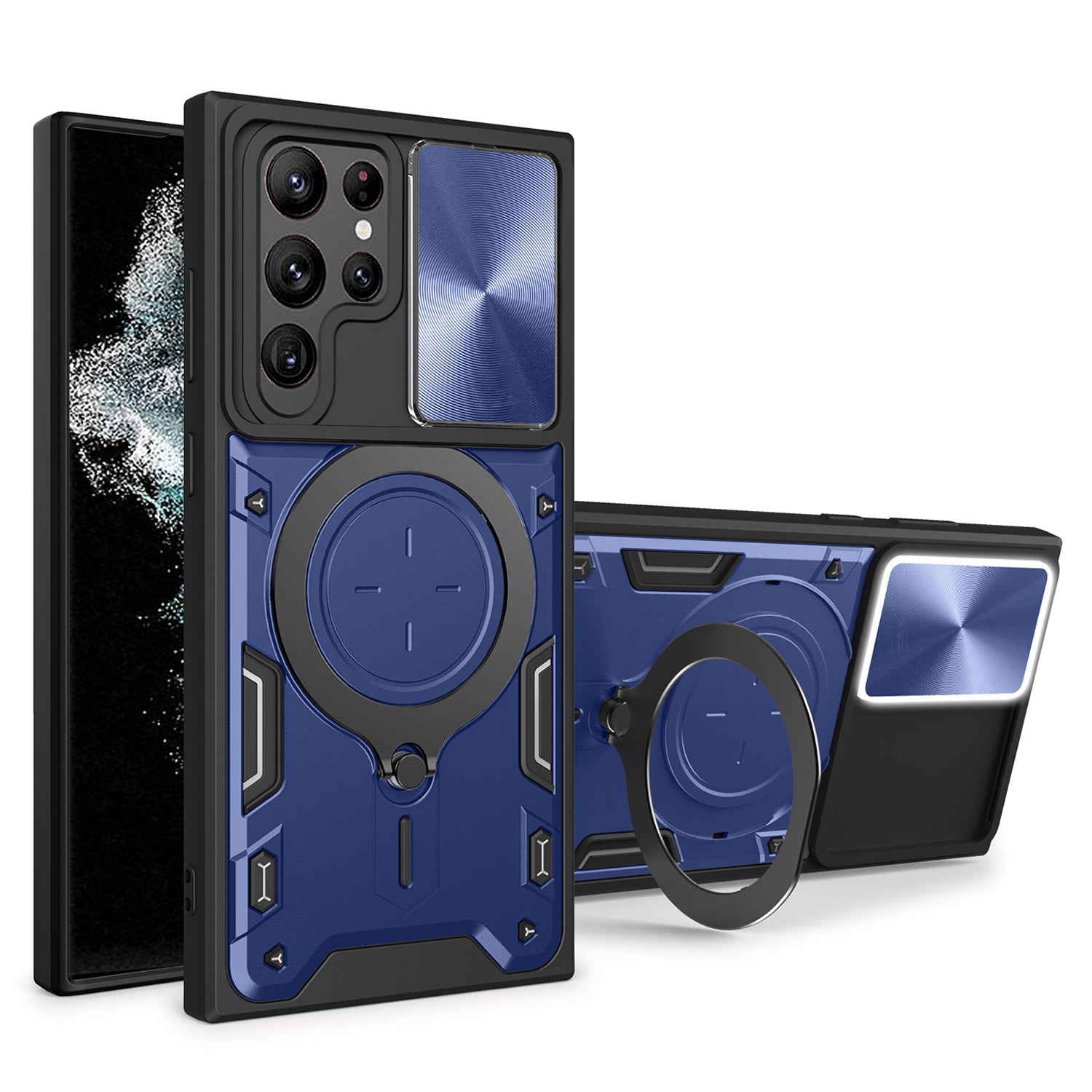 For Samsung Galaxy S22 Ultra 5G Rotatable Kickstand Phone Case Shockproof PC TPU Cover with Slide Camera Lid