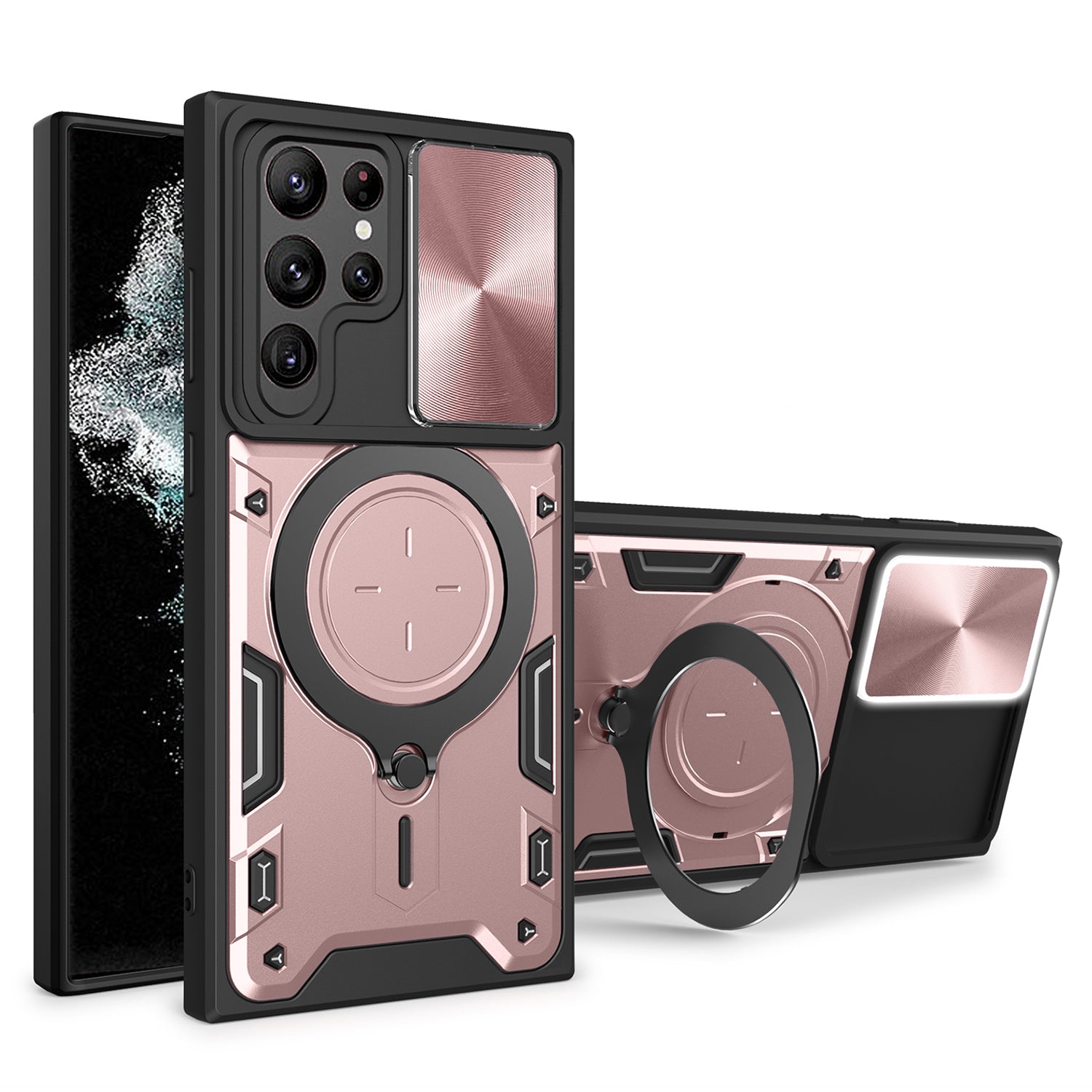 For Samsung Galaxy S22 Ultra 5G Rotatable Kickstand Phone Case Shockproof PC TPU Cover with Slide Camera Lid