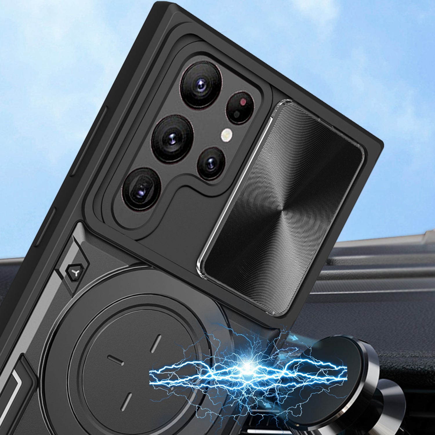 For Samsung Galaxy S22 Ultra 5G Rotatable Kickstand Phone Case Shockproof PC TPU Cover with Slide Camera Lid