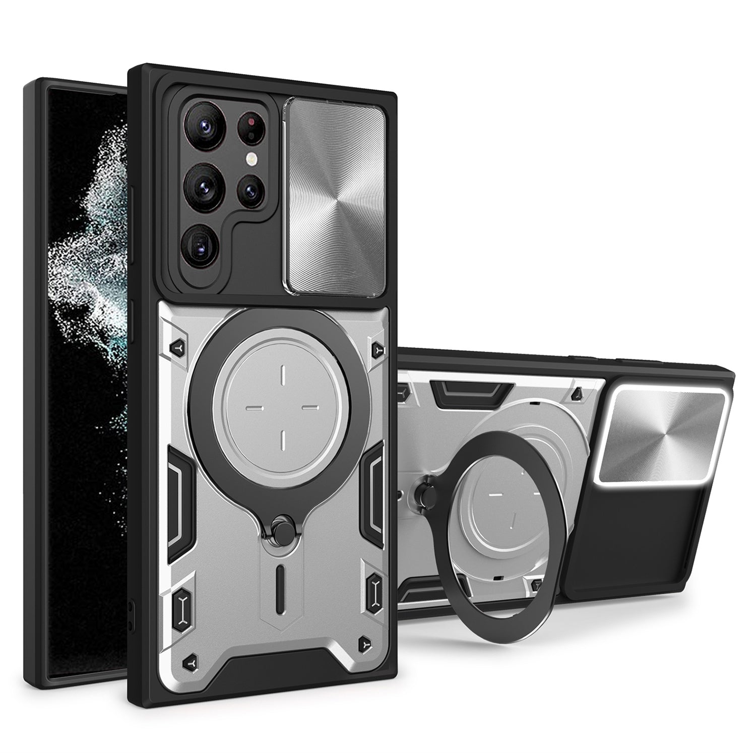 For Samsung Galaxy S22 Ultra 5G Rotatable Kickstand Phone Case Shockproof PC TPU Cover with Slide Camera Lid