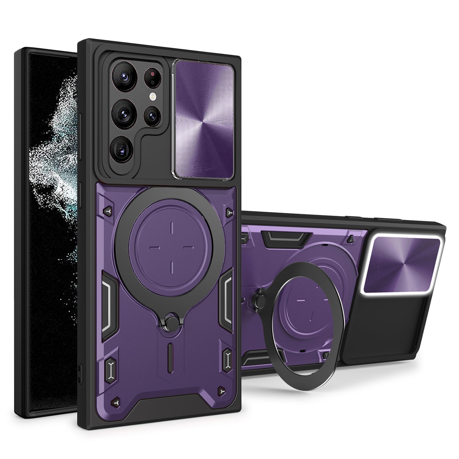 For Samsung Galaxy S22 Ultra 5G Rotatable Kickstand Phone Case Shockproof PC TPU Cover with Slide Camera Lid