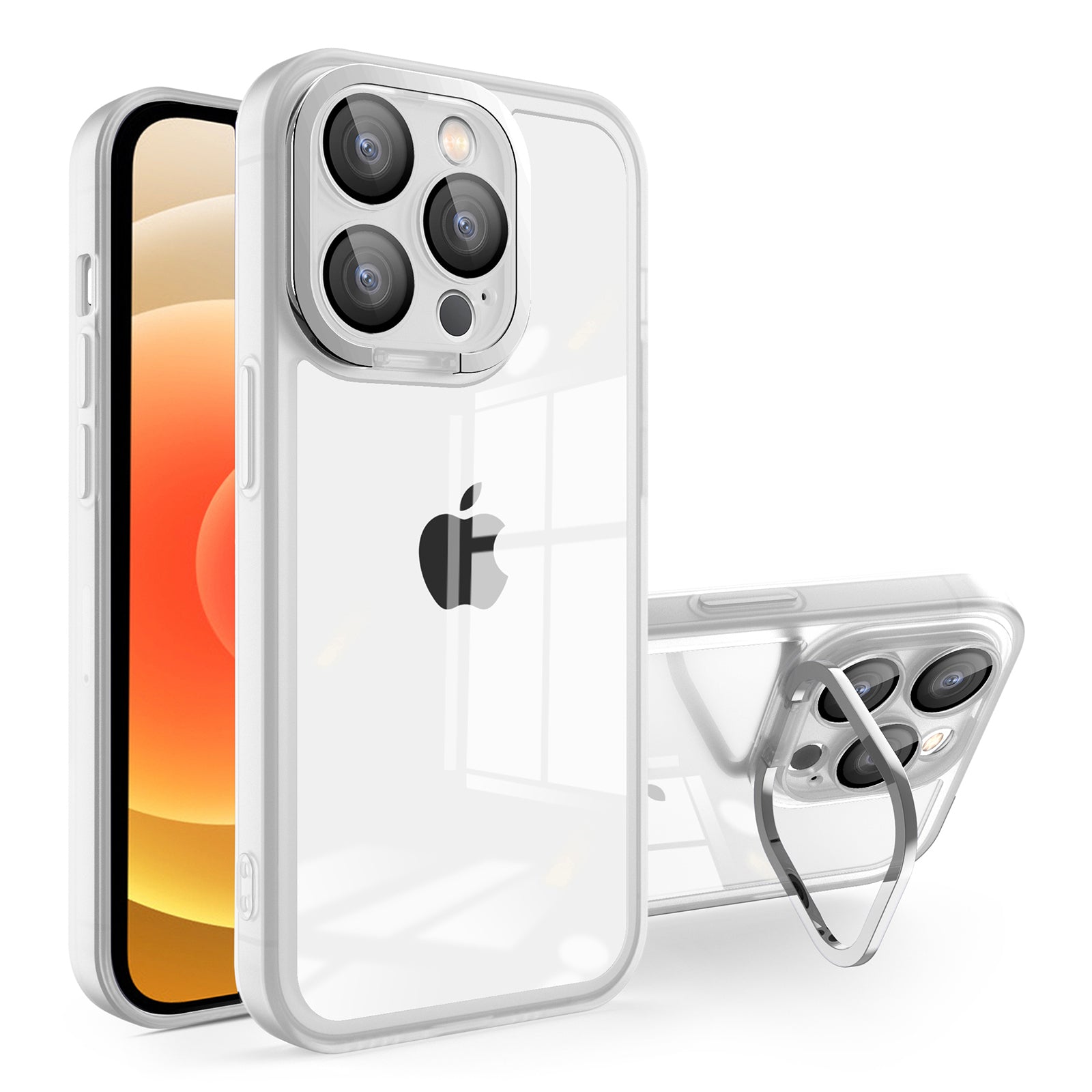 For iPhone 12 Pro 6.1 inch Electroplating PC Kickstand Cover Matte TPU Phone Case with Lens Protector