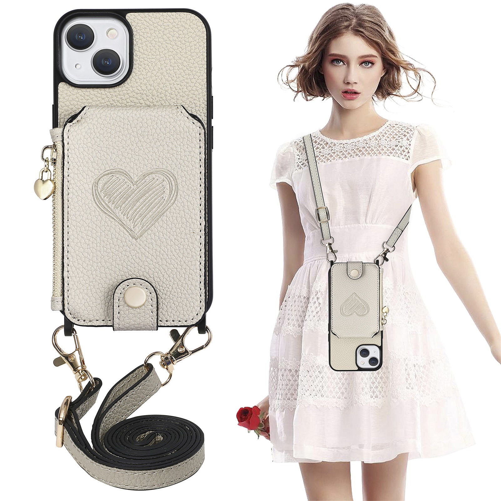 For iPhone 14 Zipper Wallet Heart Imprinted PU Leather PC TPU Phone Cover Kickstand Case