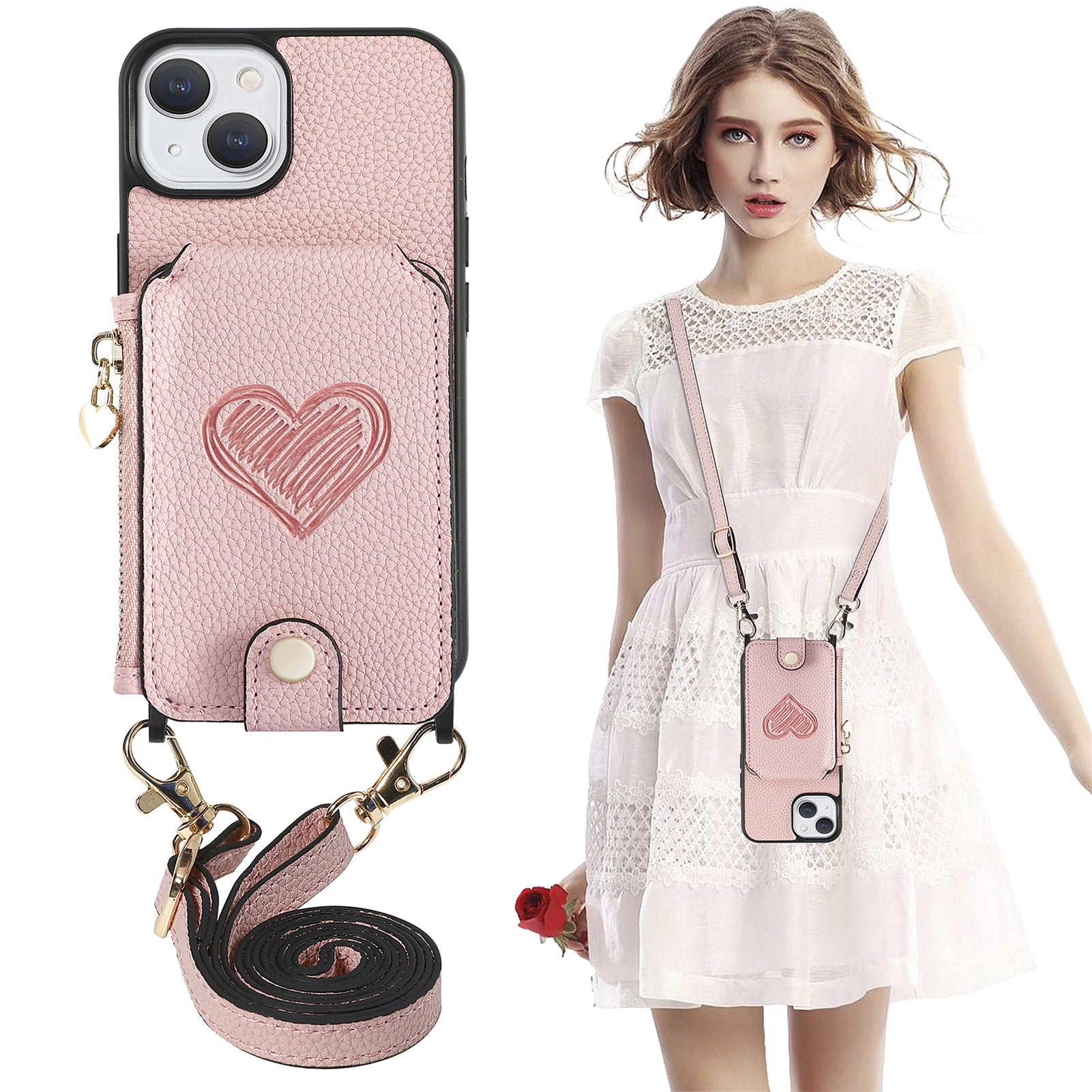 For iPhone 14 Zipper Wallet Heart Imprinted PU Leather PC TPU Phone Cover Kickstand Case
