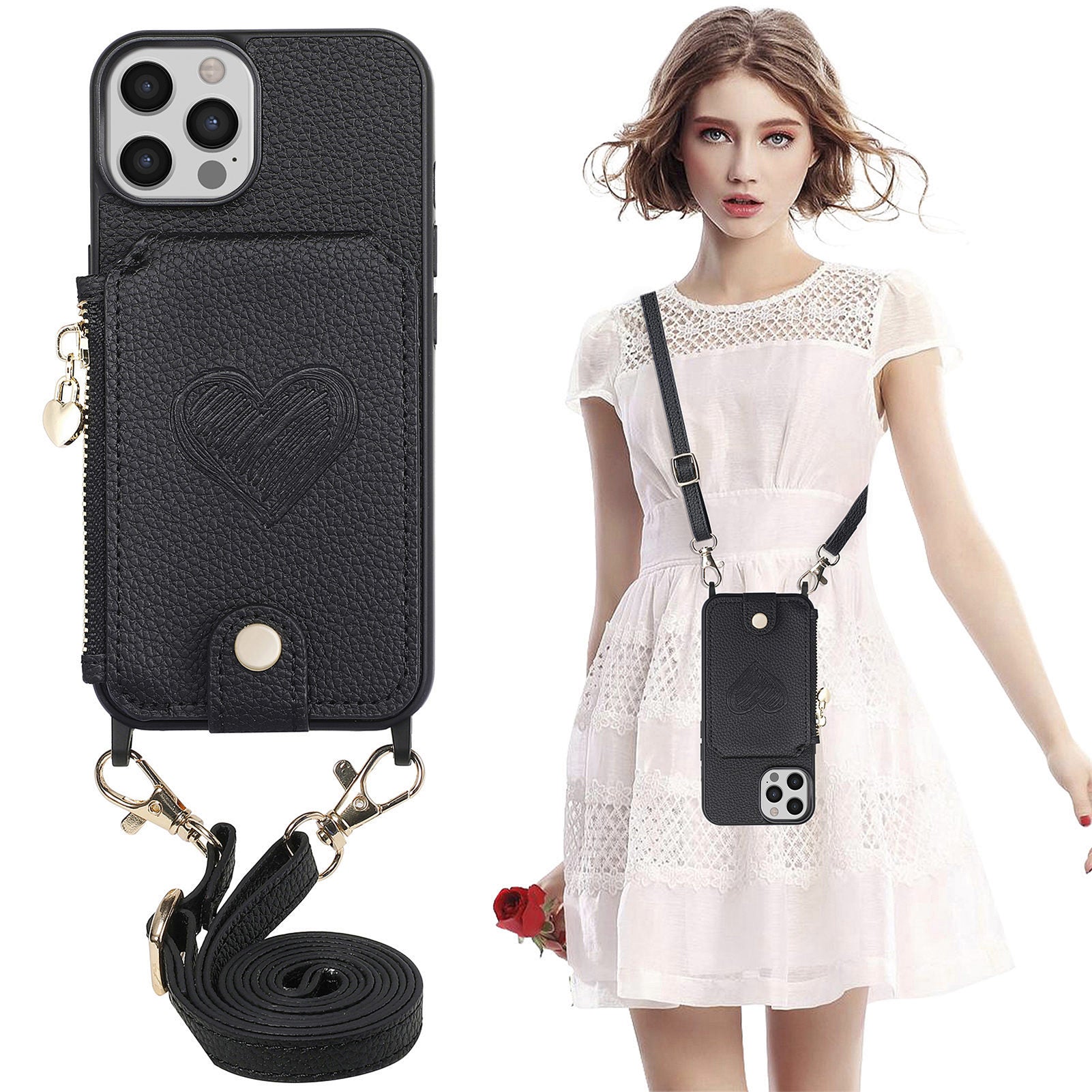 For iPhone 13 Pro Max 6.7 inch Heart Imprinted Zipper Wallet PU Leather PC TPU Phone Cover Kickstand Case