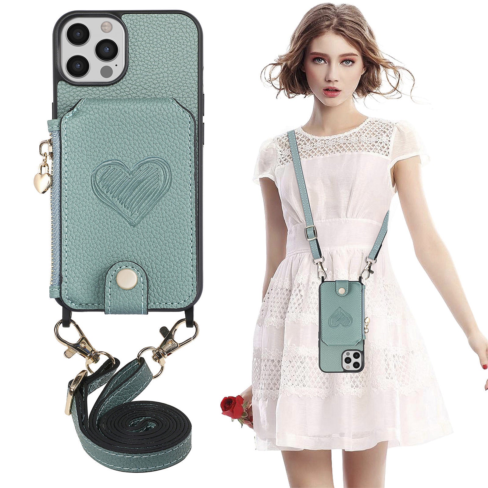 For iPhone 13 Pro Max 6.7 inch Heart Imprinted Zipper Wallet PU Leather PC TPU Phone Cover Kickstand Case