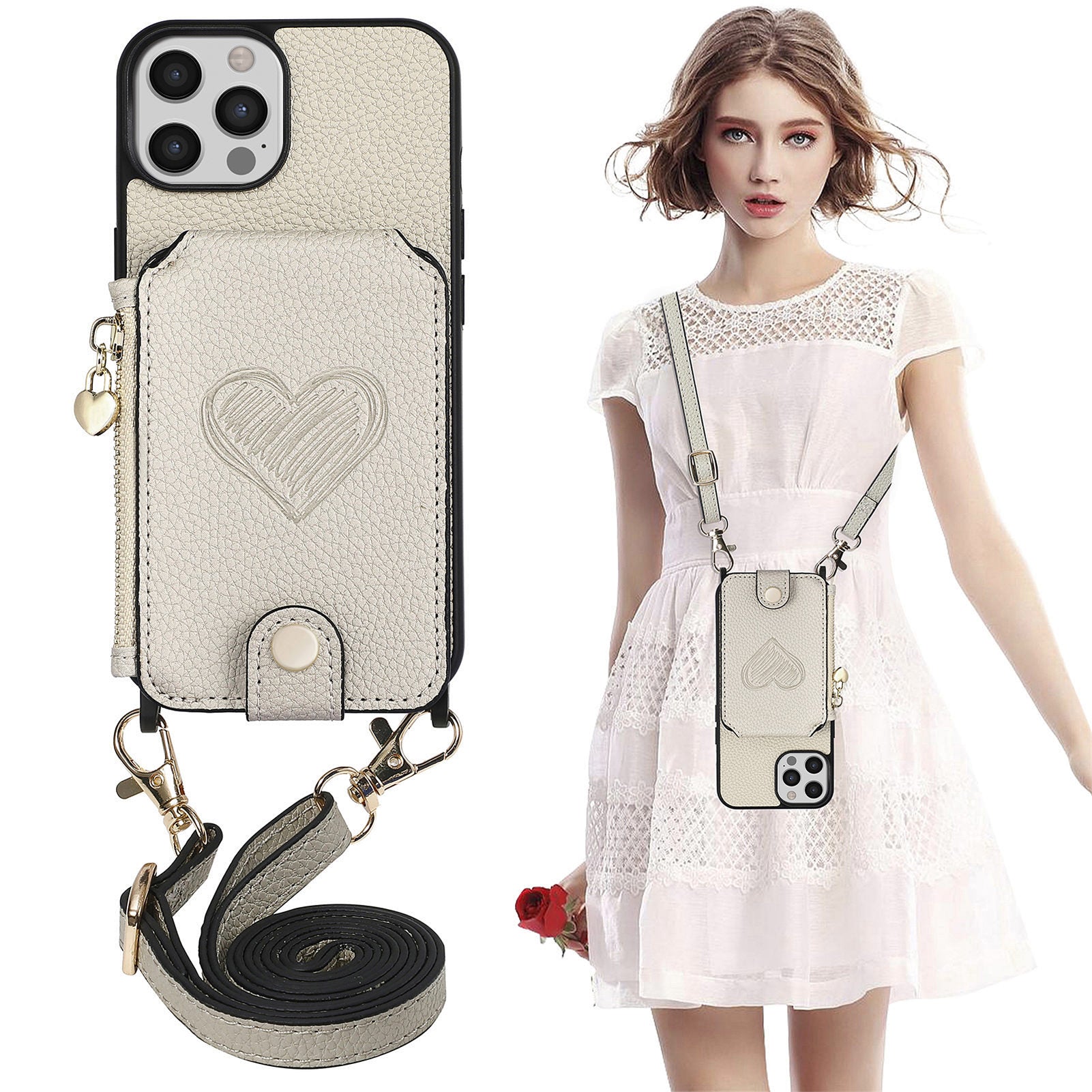 For iPhone 13 Pro Max 6.7 inch Heart Imprinted Zipper Wallet PU Leather PC TPU Phone Cover Kickstand Case